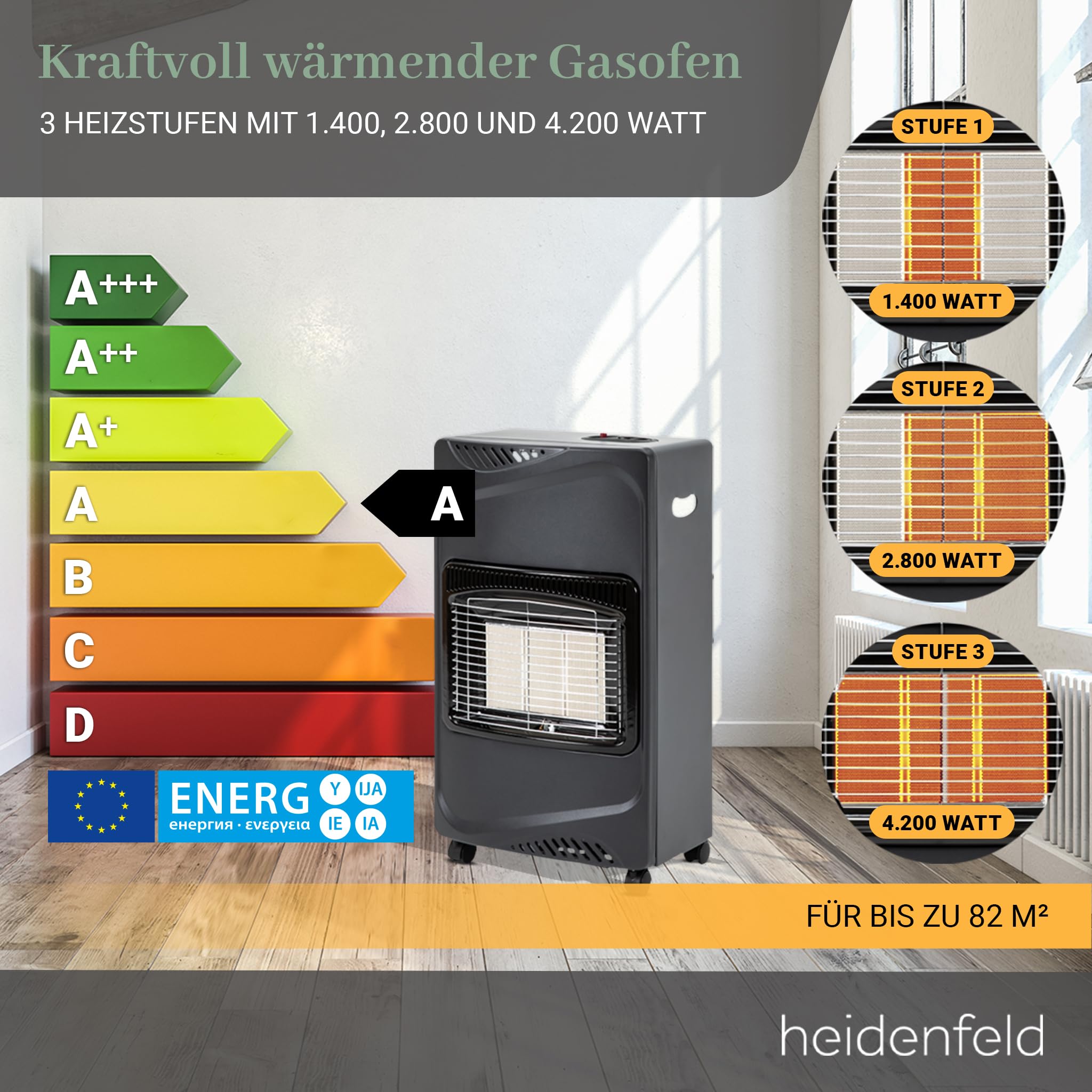 Heidenfeld Gasheizung Inferno GH100 | 𝟑 𝐉𝐀𝐇𝐑𝐄 𝐆𝐀𝐑𝐀𝐍𝐓𝐈𝐄 - 4200 Watt - Heizstrahler - Gasheizung für Innenräume - Gasofen - Gasheizer - Gasflaschen bis 15 Kg - Gasschlauch (Schwarz)