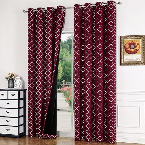 Miniatura 2 de Enactex Cortinas 100% opacas con aislamiento térmico de 84 pulgadas de largo para dormitorio, cortinas rojas con patrón geométrico plateado, cortina