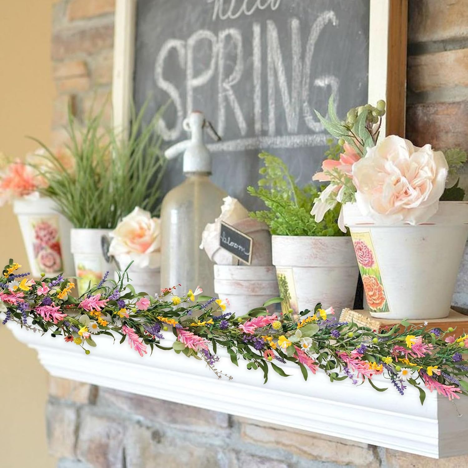 Bibelot70inch Spring/Summer Garland with Flowers, Artificial Fake Flower Greenery Garland with Daisies, Lavender for Baby Shower Wedding Mantle Party Table Centerpiece All Season Decor