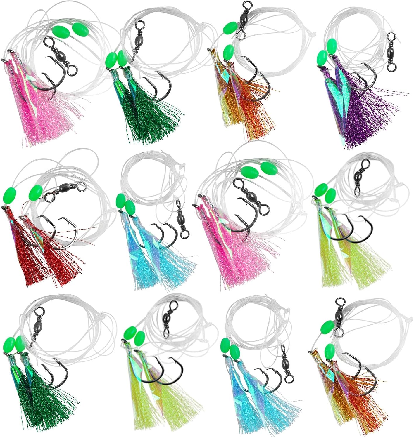 Fishing Bait Rigs Saltwater,6/12packs Flounder Rigs with Mono Leaders Swivels Hooks Beads and Fish Skin for Flounder Sea Bass Halibut Black Pompano Fishing