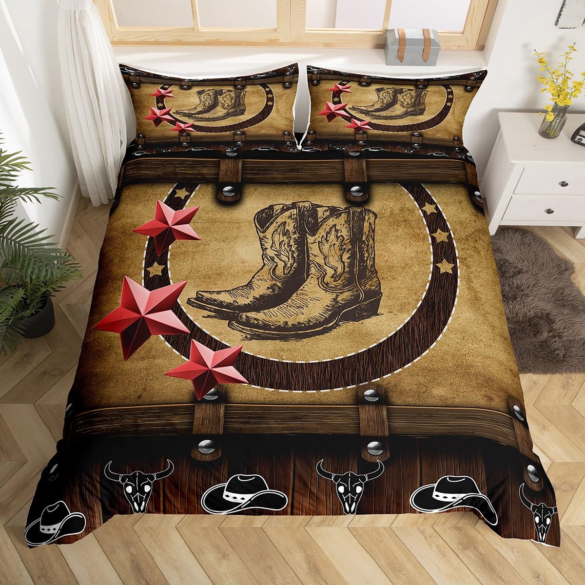 Cowgirl Boots Duvet Cover,Western Cowboy Hat Beddding Set for Boys Kids Teens Rustic Farmhosue Down Quilt Cover Double,Country Woodland Stars Bed Set Pink Decor for Bedroom,Brown