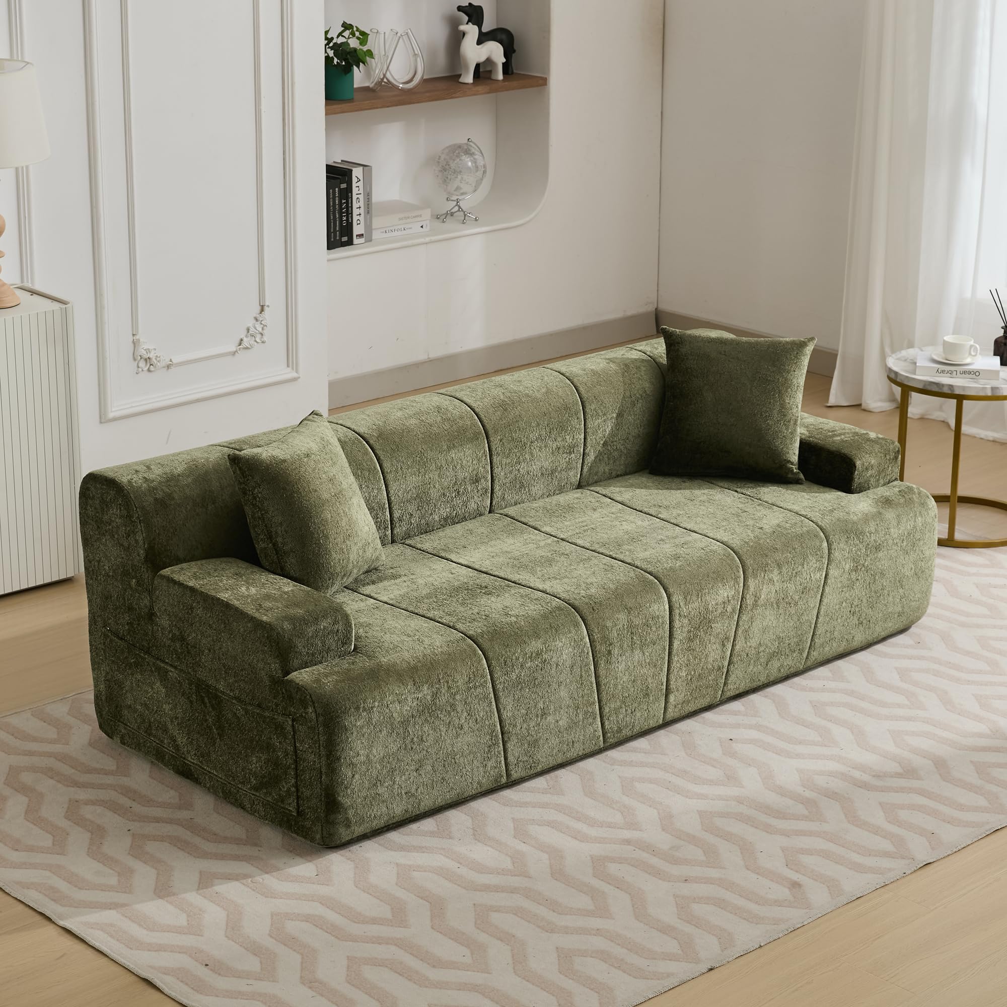 - 82.7" Modern Velvet Boneless Couch, Ultra Comfy 3-Seater Sofa for Living Room, Bedroom, Home Office, No Assembly Required​​ (Green)