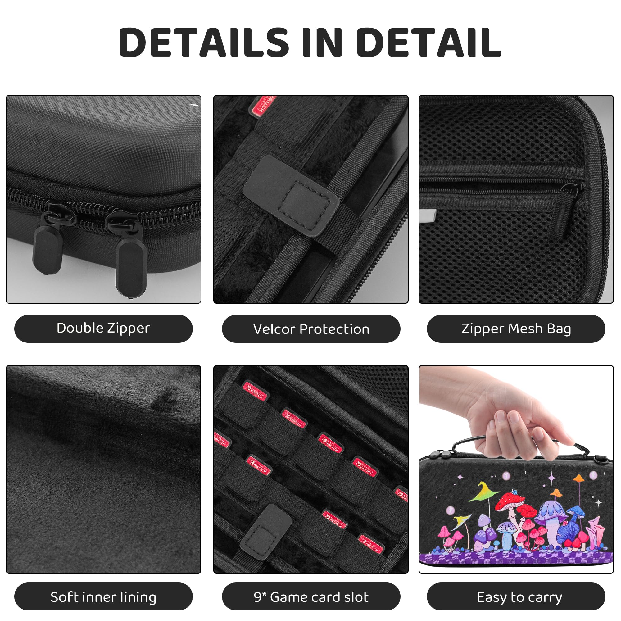 FANPL Custodia carina per Nintendo Switch 2, custodia da viaggio per Switch 2 con pelle rigida glitterata, cinturino regolabile, protezione schermo, tappi per impugnatura per pollice (Firefly Mushroom