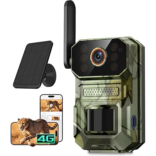 4G LTE Cellular Trail Camera with Solar Panel, 1080p Full HD Game Cameras, Live View, Night Vision, Motion Detection, 2-Way Talk, IP65, Built-in SIM Card, Unlimited Plan (Sold Separately)