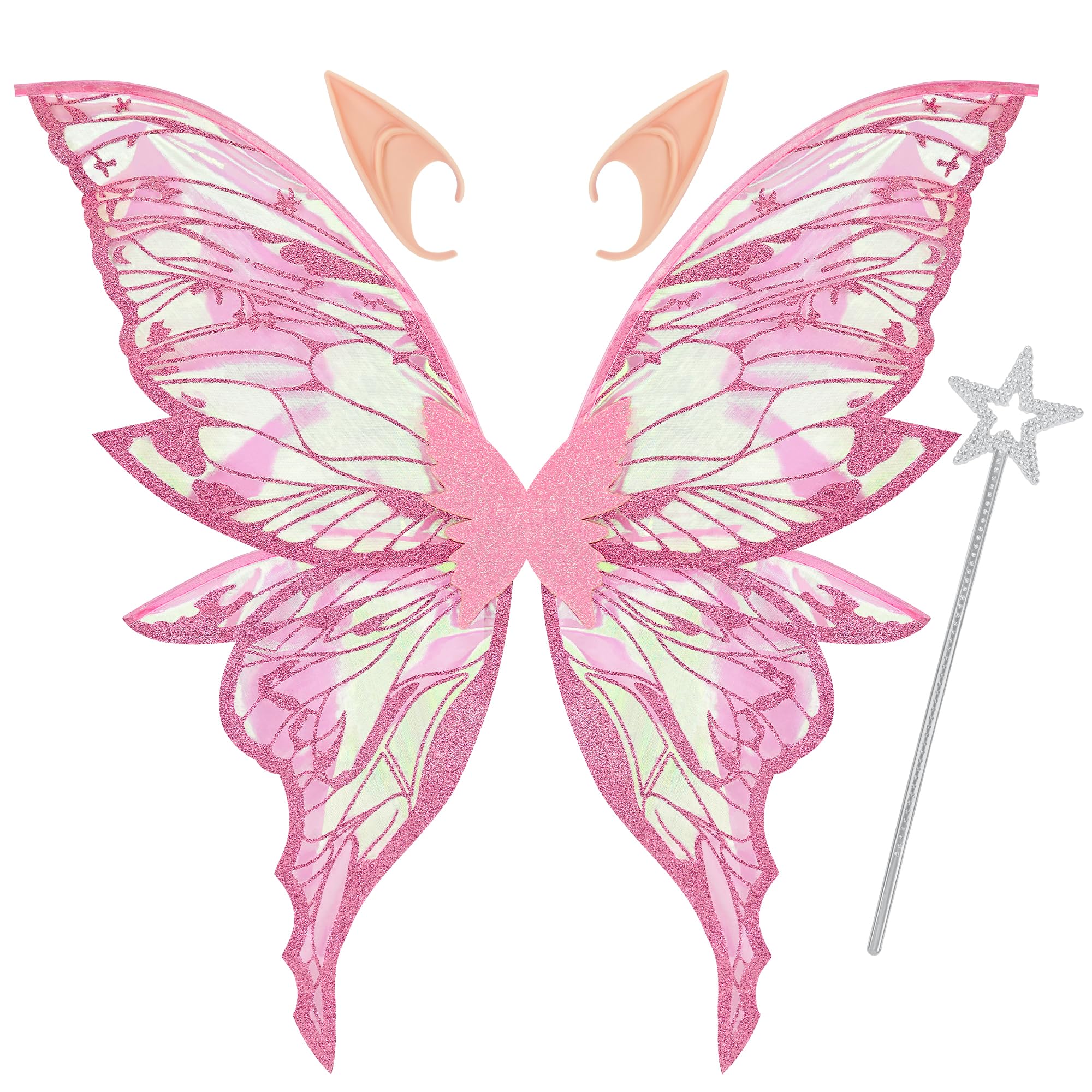 Vifcotlyp Fairy Wings for Adult Women, Shiny Large Butterfly Fairy Wings with Elf Ears Wand for Halloween Party Cosplay (Pink)