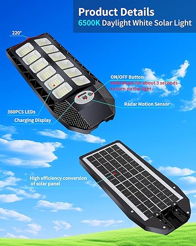 Miniatura 5 de Luces solares de 5000 W para exteriores, IP66 impermeable, sensor de movimiento alimentado por energía solar, luz de calle de 6500 K del atardecer