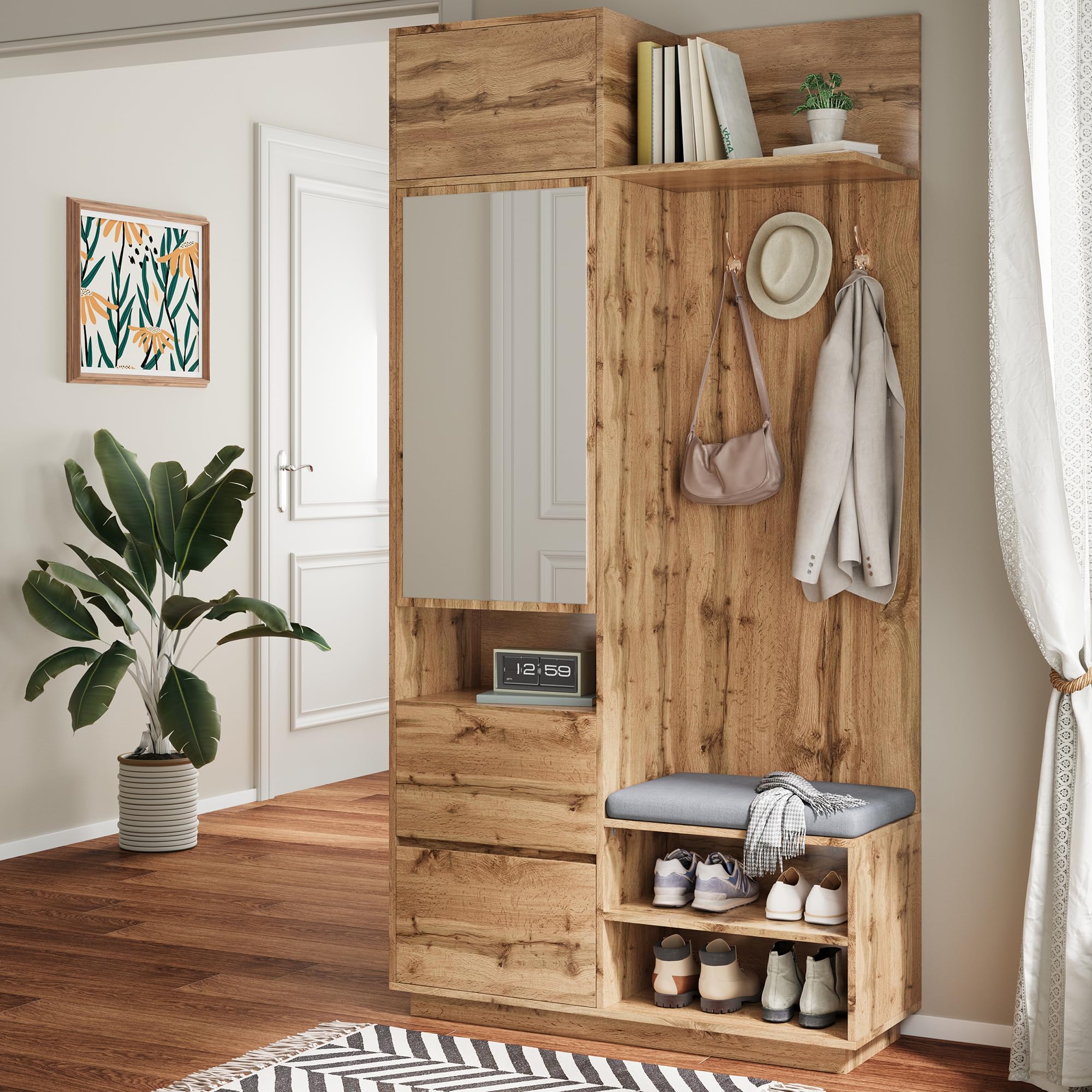 Perchero de Pasillo, Juego de Percheros Compacto con Espejo y Banco, Zapatero con Ganchos, Colgadores de Ropa, Muebles de Entrada (Natural)
