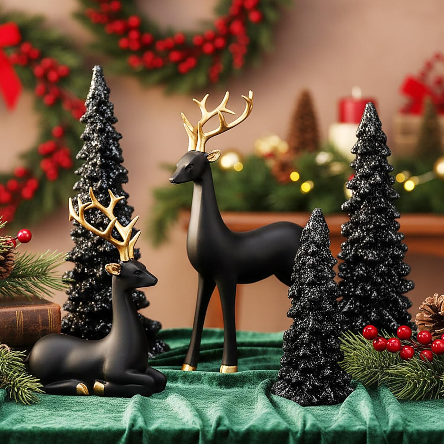 Pinkunn 5 Pcs Reindeer Christmas Decor and Trees Christmas Resin Sitting Standing Lucky Deer Reindeer Figurines for Tabletop Indoor Home Decorations Mantle Cabinet Desktop Office(Black)