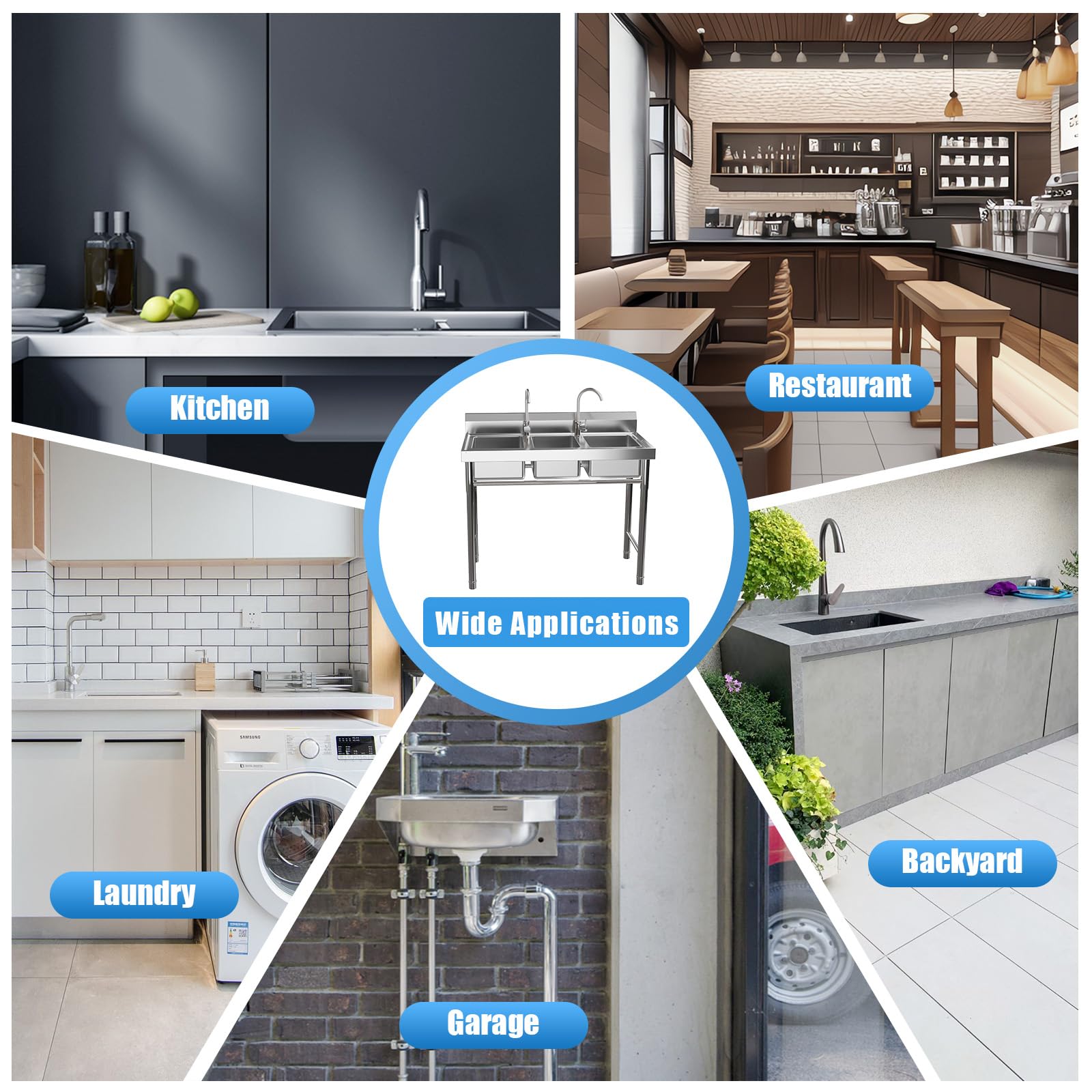 PERFERATE 3 Compartment Utility Sink Stainless Steel Commercial Kitchen Sink Free Standing Triple Bowl Sinks with 39” L×18” W×36” H for Bar, Restaurant, Kitchen and Cafe