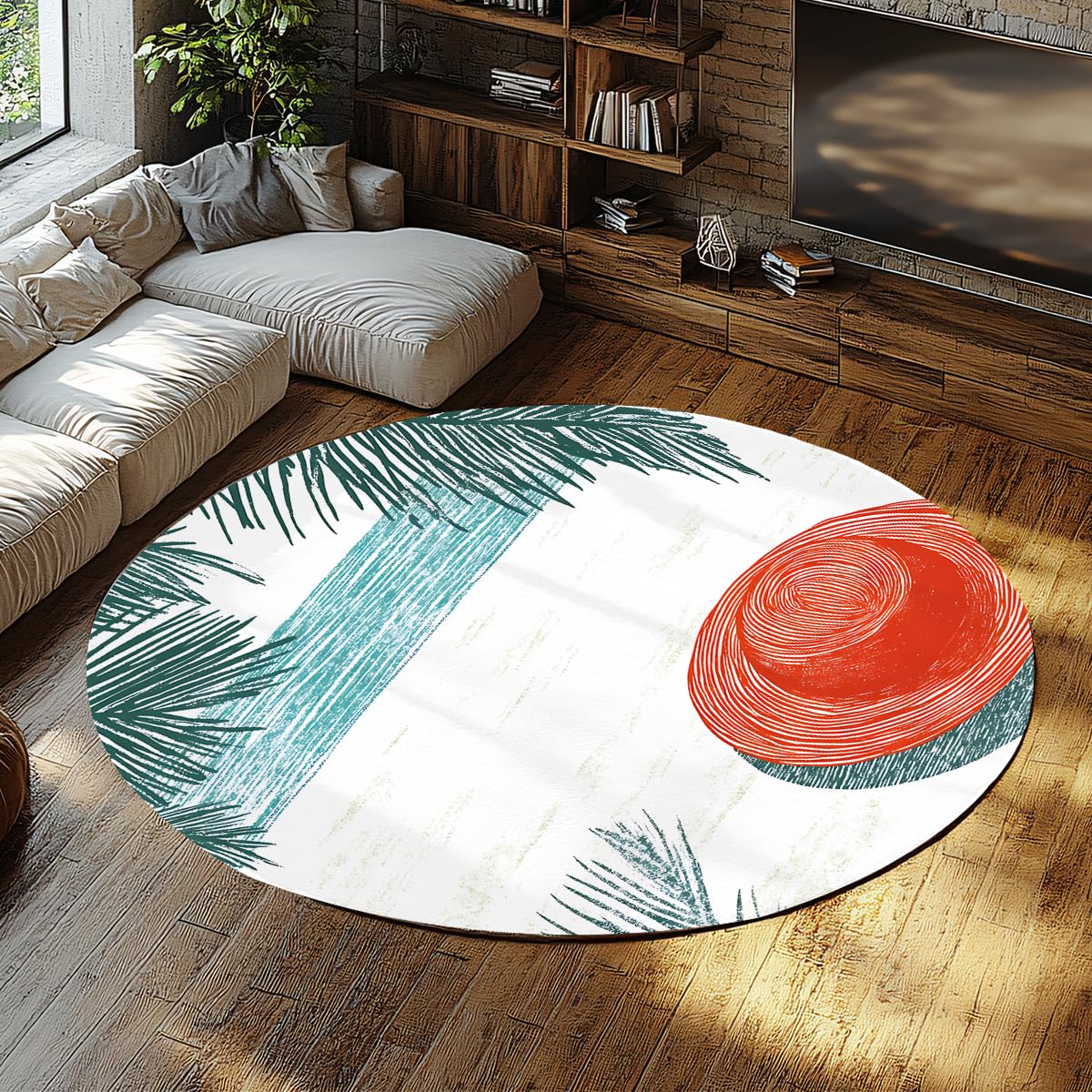 Tapis rond 200x200cm lavable à poils ras avec palmiers nordiques