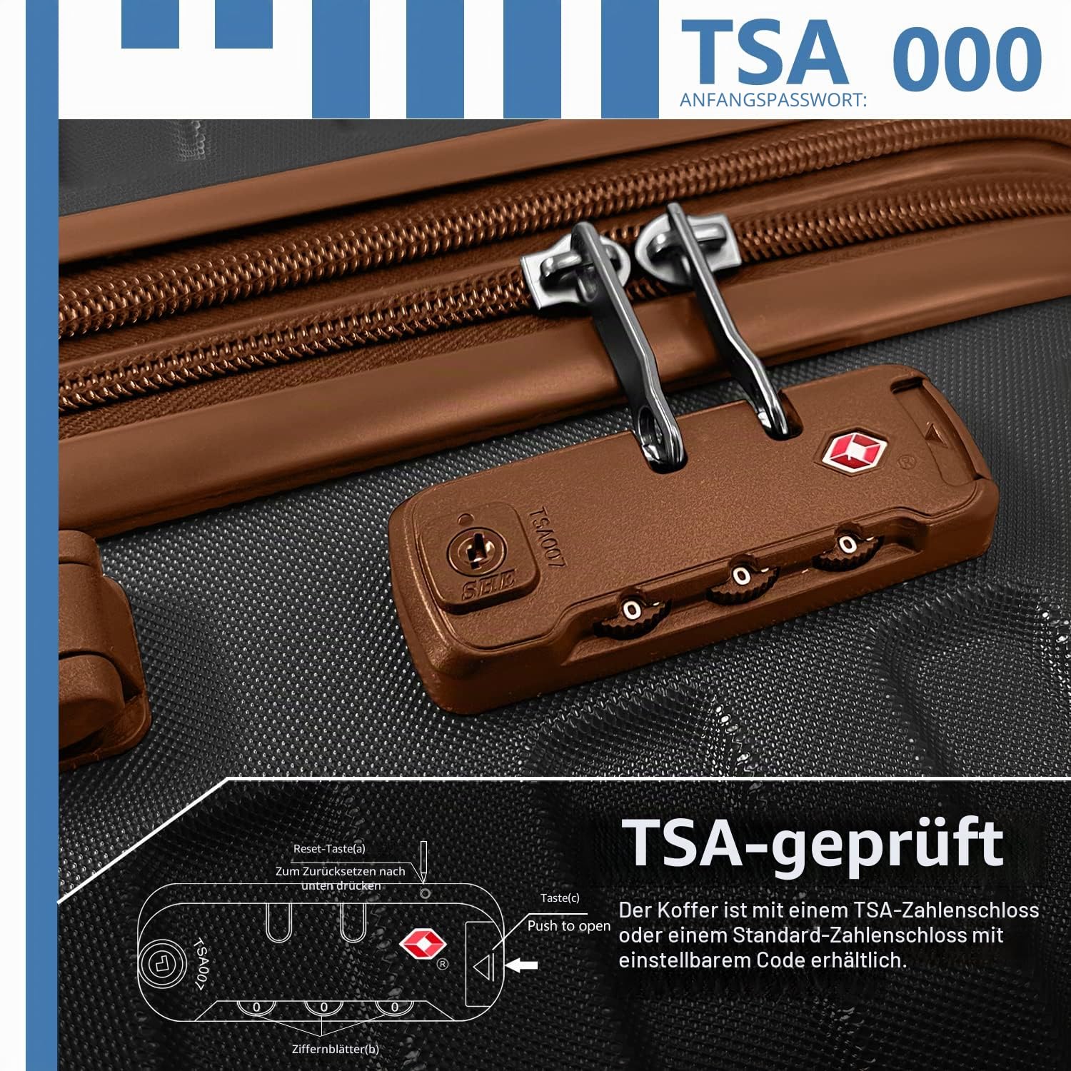 LARVENDER Kofferset 6 Teilig Hartschale Leicht ABS Erweiterbar Reisekoffer Haltbar Handgepäck Sets 4 Rollen TSA-Schloss mit 1 Reisetasche und 1 Kulturtasche, Schwarz/Braun
