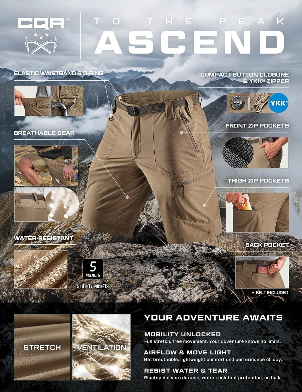 CQR Men's Quick Dry Stretch Hiking Cargo Shorts, Lightweight Water Resistant Tactical Casual, Golf & Outdoor with Pockets - Image 8