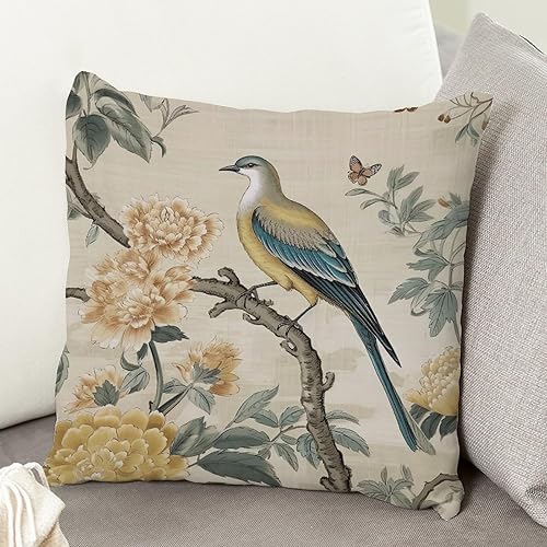 Miniatura 5 de ArogGeld Fundas de cojín chinoiserie con diseño de pájaro amarillo y gris, diseño de peonía y pavo real, funda de almohada cuadrada para sala de