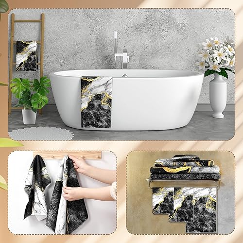 Miniatura 6 de Preboun Juego de 3 toallas de baño de mármol negro, toallas de mano de línea dorada, toallas de baño negras, toallas de cocina doradas para cocina,