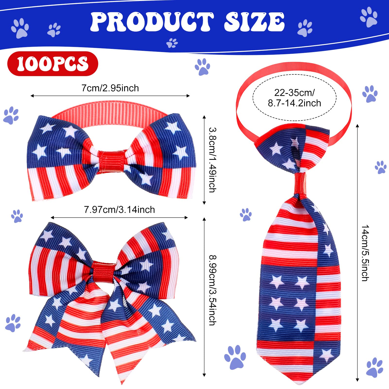 100-teiliges Hundehalsband-Set mit Fliege zum Unabhängigkeitstag, inklusive Hundehalsbändern und Hundefliege, verstellbare Hundeschleifen, für kleine und mittelgroße Hunde
