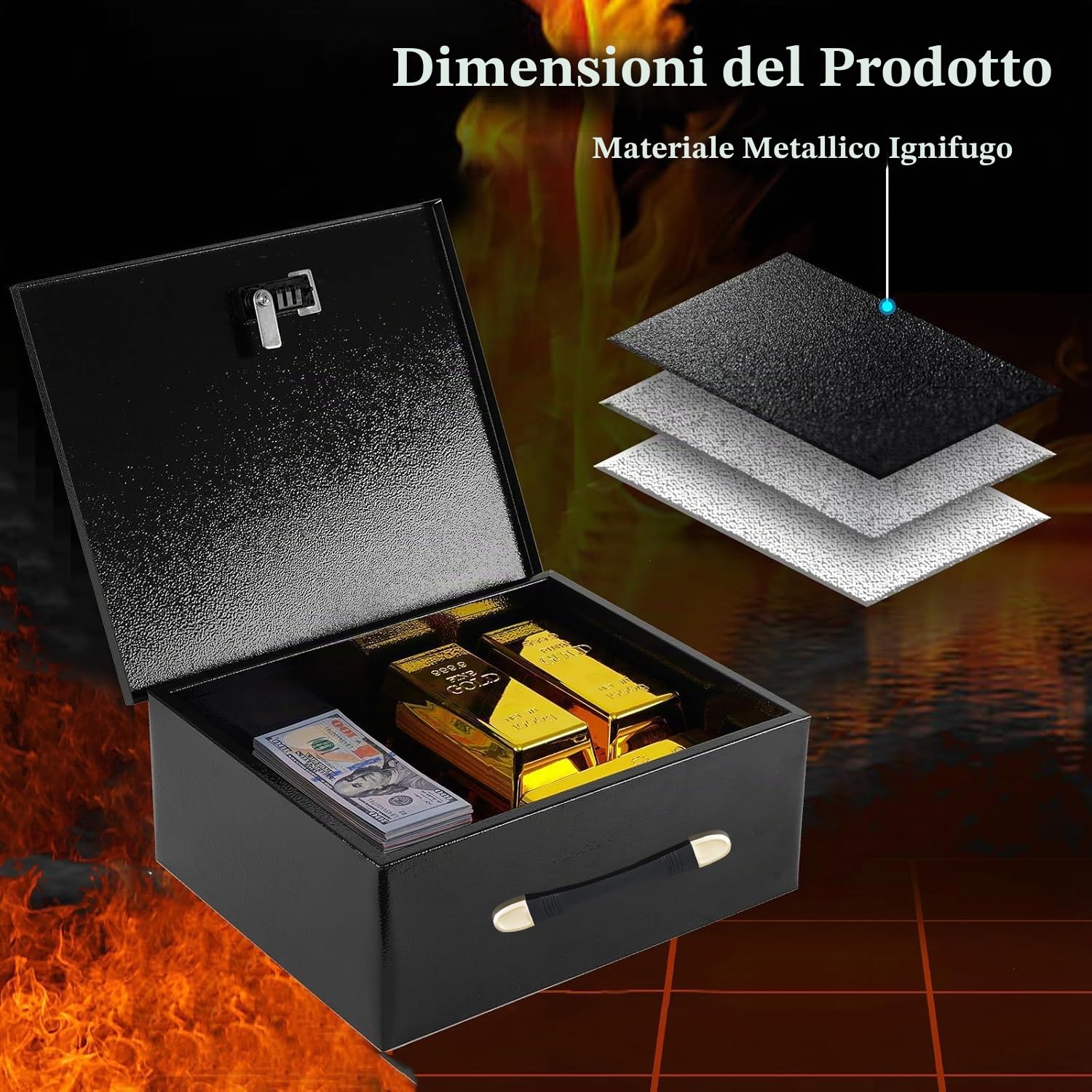 Cassaforte Per Documenti Portatile Sicurezza Ignifugo Con Chiave,Cassetta Di Sicurezza,Per La Casa Con Maniglia,Impermeabile,Per Conservare Contanti,e Documenti In Formato a4