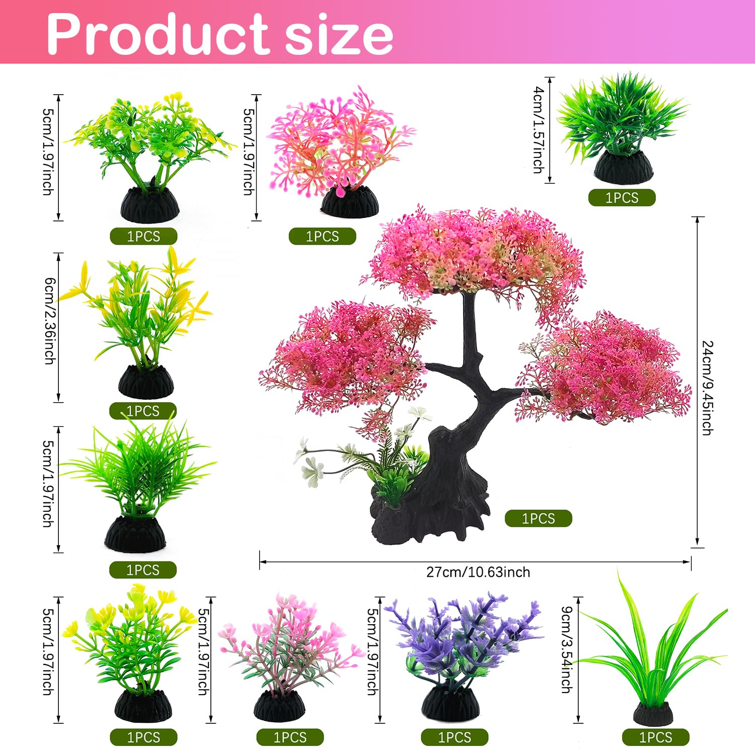 SLOCME Set di Decorazioni per Acquario Albero di Ciliegio Rosa 10 Pezzi Piante Artificiali in Plastica