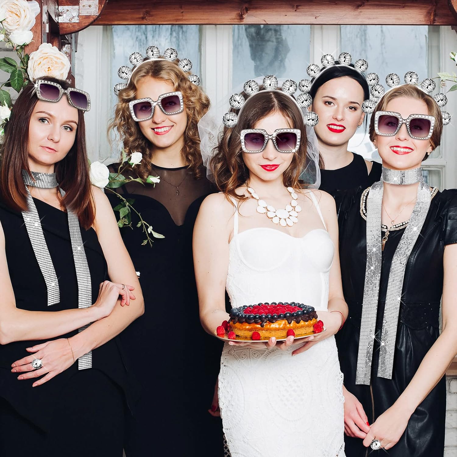 Tudomro 5 Pcs 1970s Disco Outfit Woman Party Costume Set Disco Ball Earrings Headband Ring Sunglasses & Necklace Accessories - Image 6