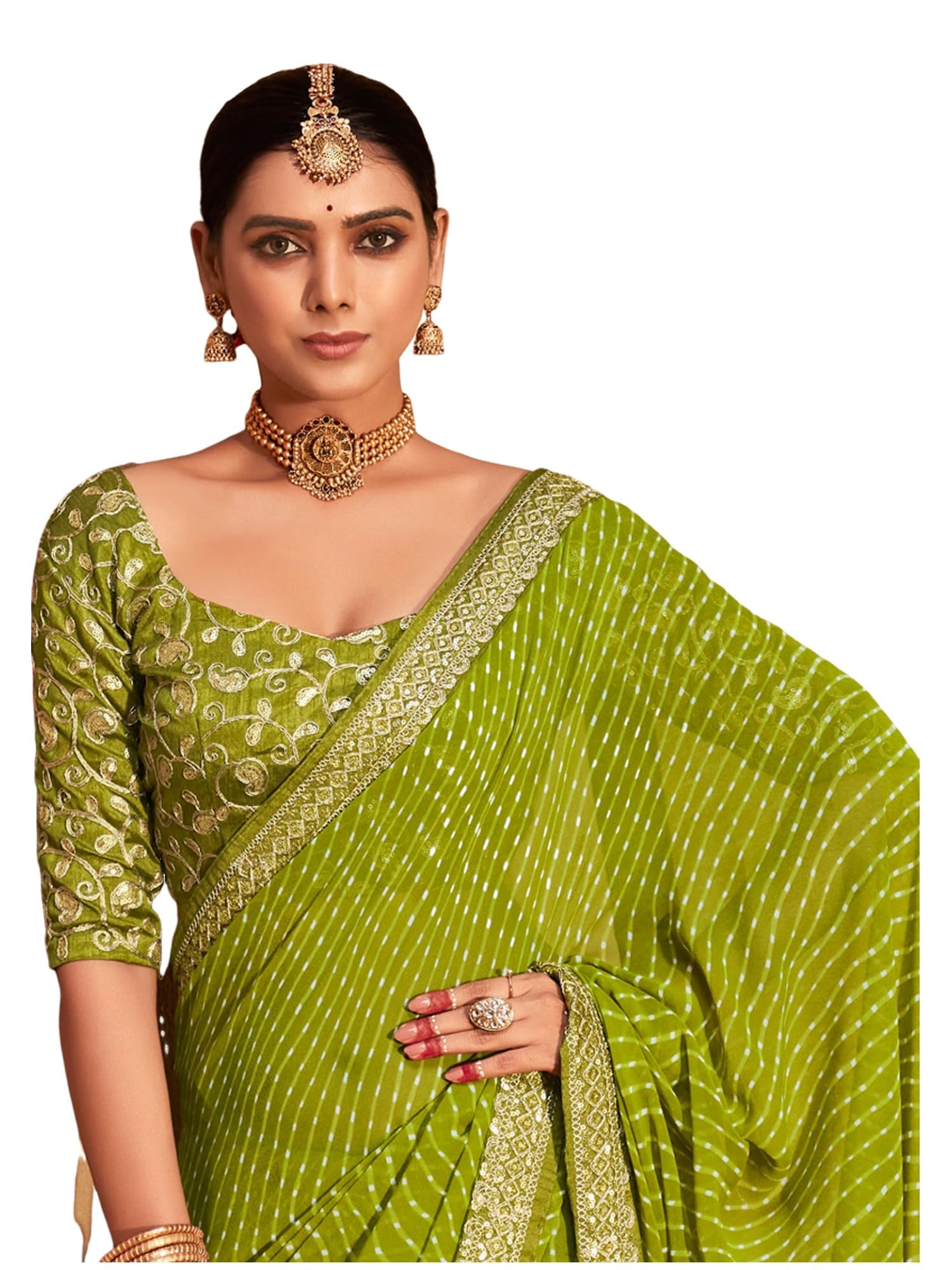 SIRIL Women's Georgette Leheriya Printed Embroidery Lace Boarder Saree With Unstitched Blouse Piece
