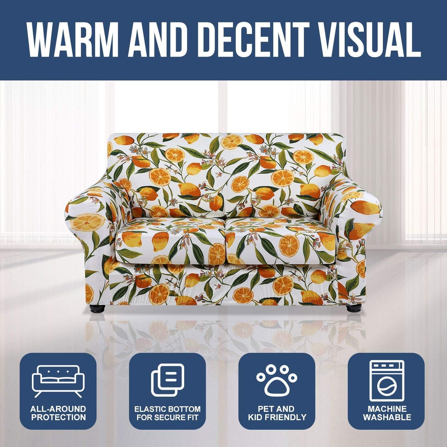 hyha Printed Stretch Sofa Covers for 3 Cushion Couch (72"-96", Lemon) Bundle Loveseat Sofa Covers for 2 Cushion Couch (58"-72", Lemon)