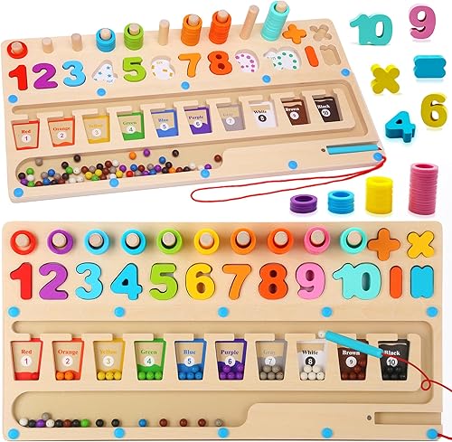 Juguetes Montessori de madera 4 en 1, laberinto magnético de color y número para niños pequeños, rompecabezas de aprendizaje a juego de conteo de