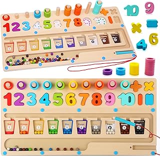 Eutreec 4 in 1 Wooden Montessori Toys Magnetic Color and Number Maze for Kids Toddler, Color Matching Learning Counting Puzzles Board Sorter Stacker Stacking Game Preschool Toys Education Math Blocks