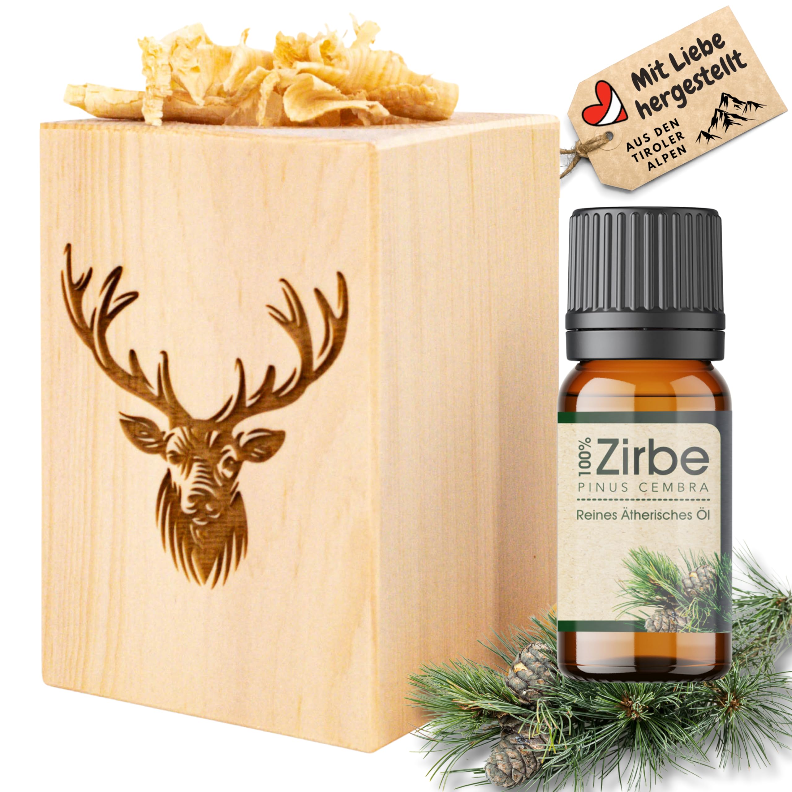 sagl.tirol® Zirbenholz Set mit Zirbenspäne und 10 ml Zirbenöl - Zirbelkiefer Öl – Zirbenduft und Deko aus Zirbelkiefer – Nachhaltige Zirbenholz Produkte, Zirbenwürfel, Raumduft Zirbe - Hirsch