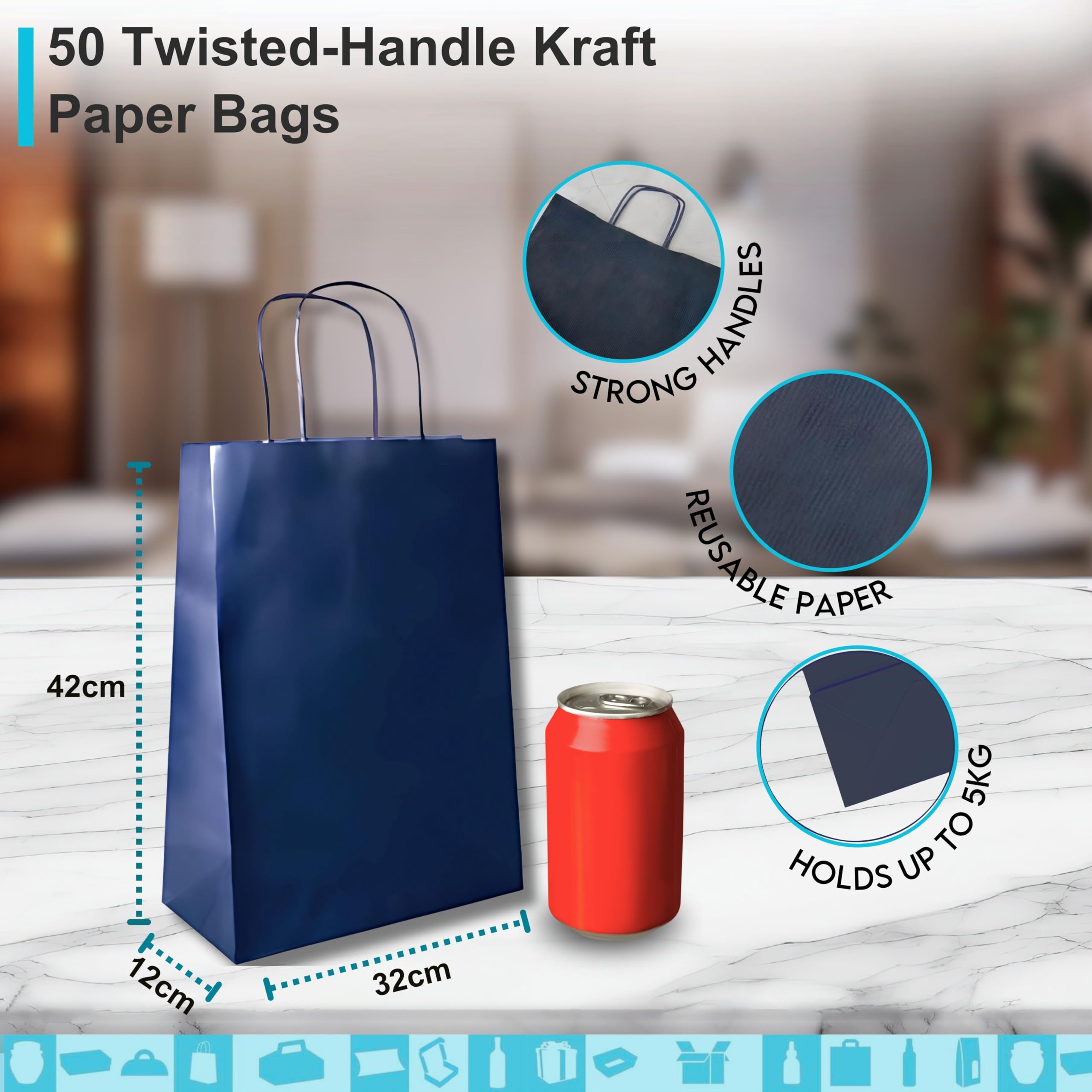 50 bolsas de regalo de papel kraft azul oscuro 32 x 12 x 42 cm – bolsa de regalo con asas retorcidas, ideal para envolver regalos, celebraciones, Navidad, boda, fiesta