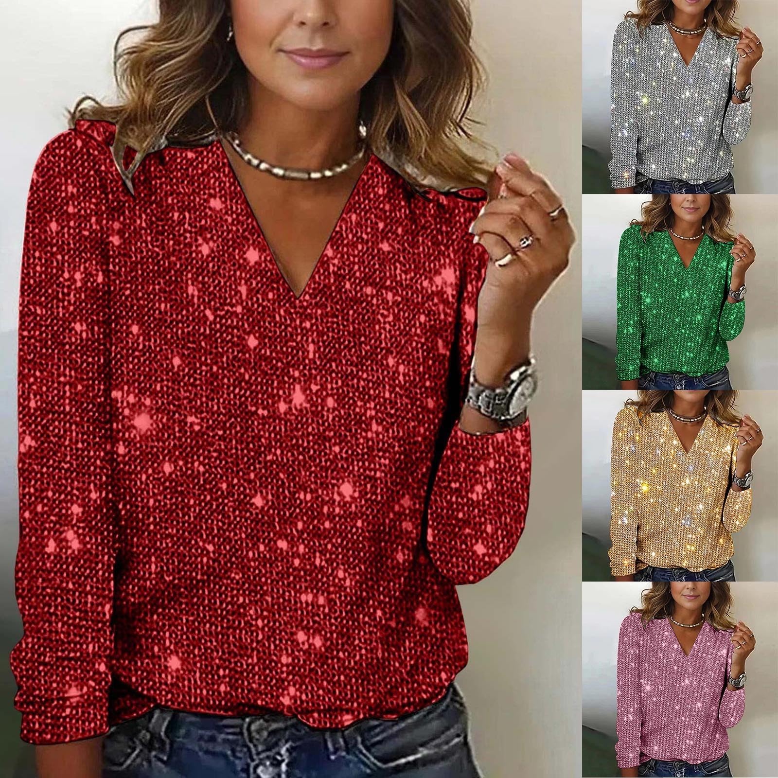 Jersey de lentejuelas para mujer elegante camiseta de fiesta manga larga cuello en V