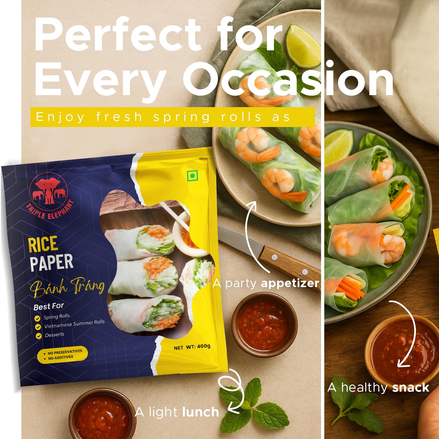 Triple Elephant Rice Paper Banh Trang - 400g | Authentic Vietnamese Spring Roll Wrapper for Fresh Rolls, Pho, and More - Image 5 thumbnail