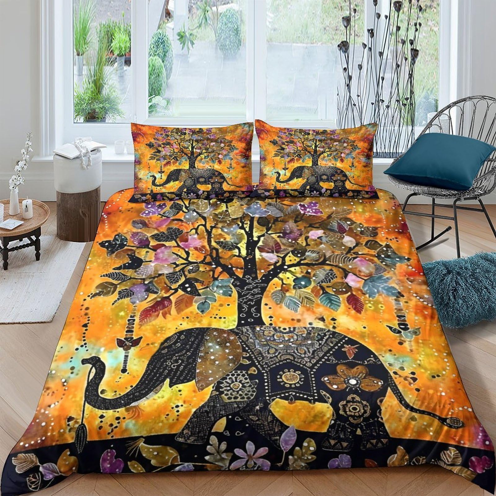 Ctjqhvkz Style-1 3D Printed Elephant Tree Fitted Sheet Microfiber Vibrant Orange Peacock Bed Cover Bedroom Decorative Protector Single（135X200cm）