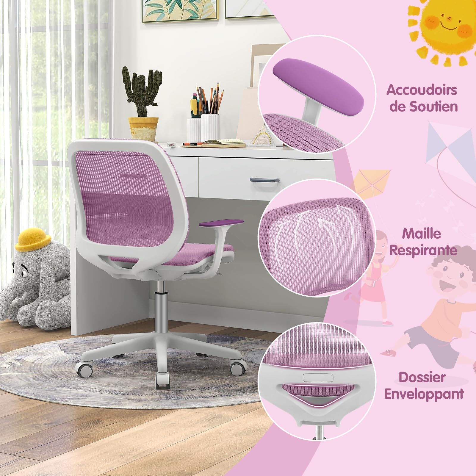 DREAMADE Chaise de Bureau Ergonomique Enfant 6-15Ans,Siège de Bureau à roulettes avec Hauteur Réglable&Dossier en Maille Respirante&Verrouillage Automatique,Charge 75KG (Violet)