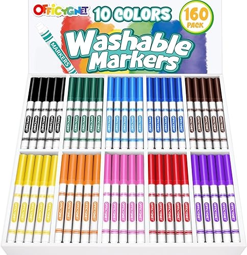 Officygnet 160 marcadores lavables a granel, 10 colores surtidos, punta cónica con marcador de color de línea fina y ancha para niños, marcadores a