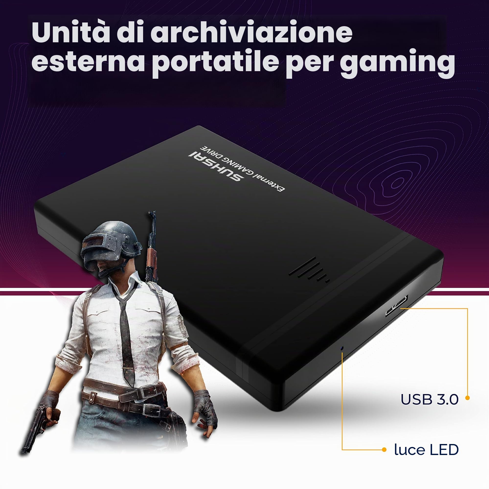 SUHSAI Disco Rigido Esterno 1 TB USB 3.0, HDD Portatile 2,5 Pollici in Plastica ABS, 5 Gbps, Luce LED, Compatibile con PS5, PS4, PC, Mac, Laptop, Nero