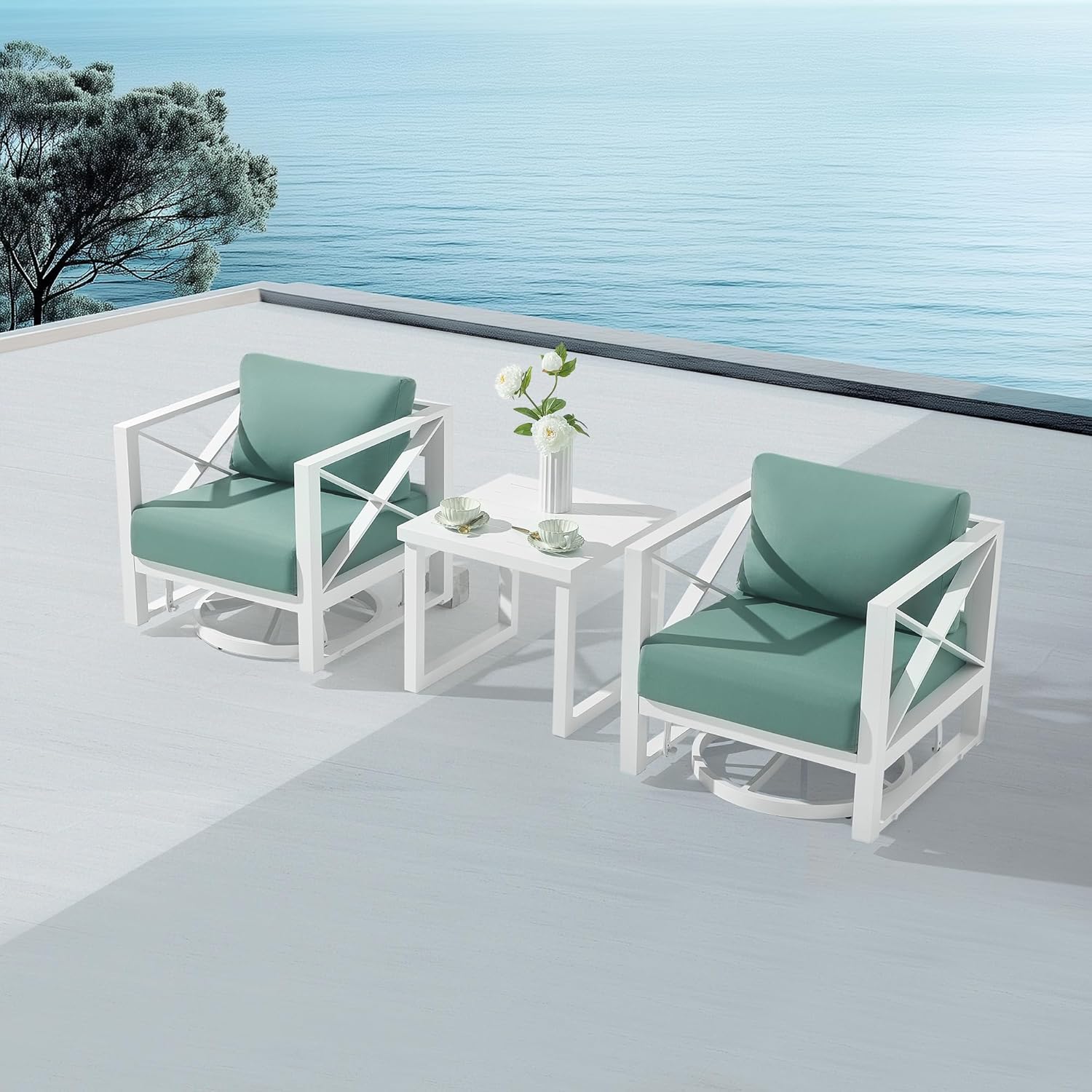 3 Piece Patio Outdoor Aluminum Swivel Rocking Chair with Coffee Table and 6" Thickened Cushions, All Weather Outdoor Furniture Chairs for Garden, Poolside, Deck-White