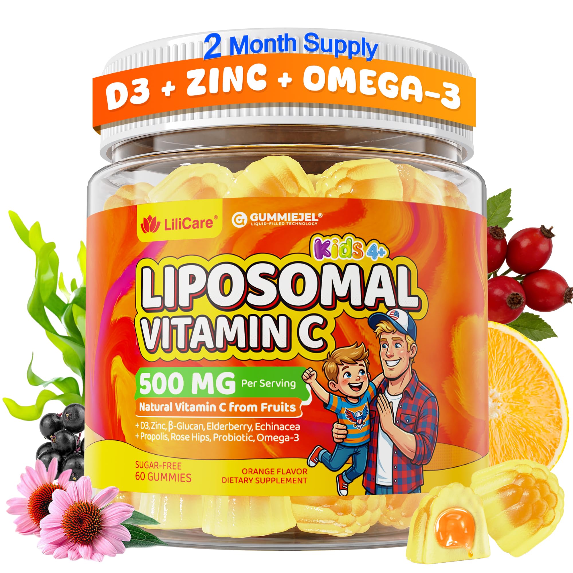 Liposomal Vitamin C 500mg 1000mg Gummies for Kids 4+ & Adults, with Omega-3, Elderberry, Propolis, Zinc, D3, Kids Immune Support, Antioxidant, Growth & Development, Chewable Natural Vit C, Sugar Free 60 Count (Pack of 1)