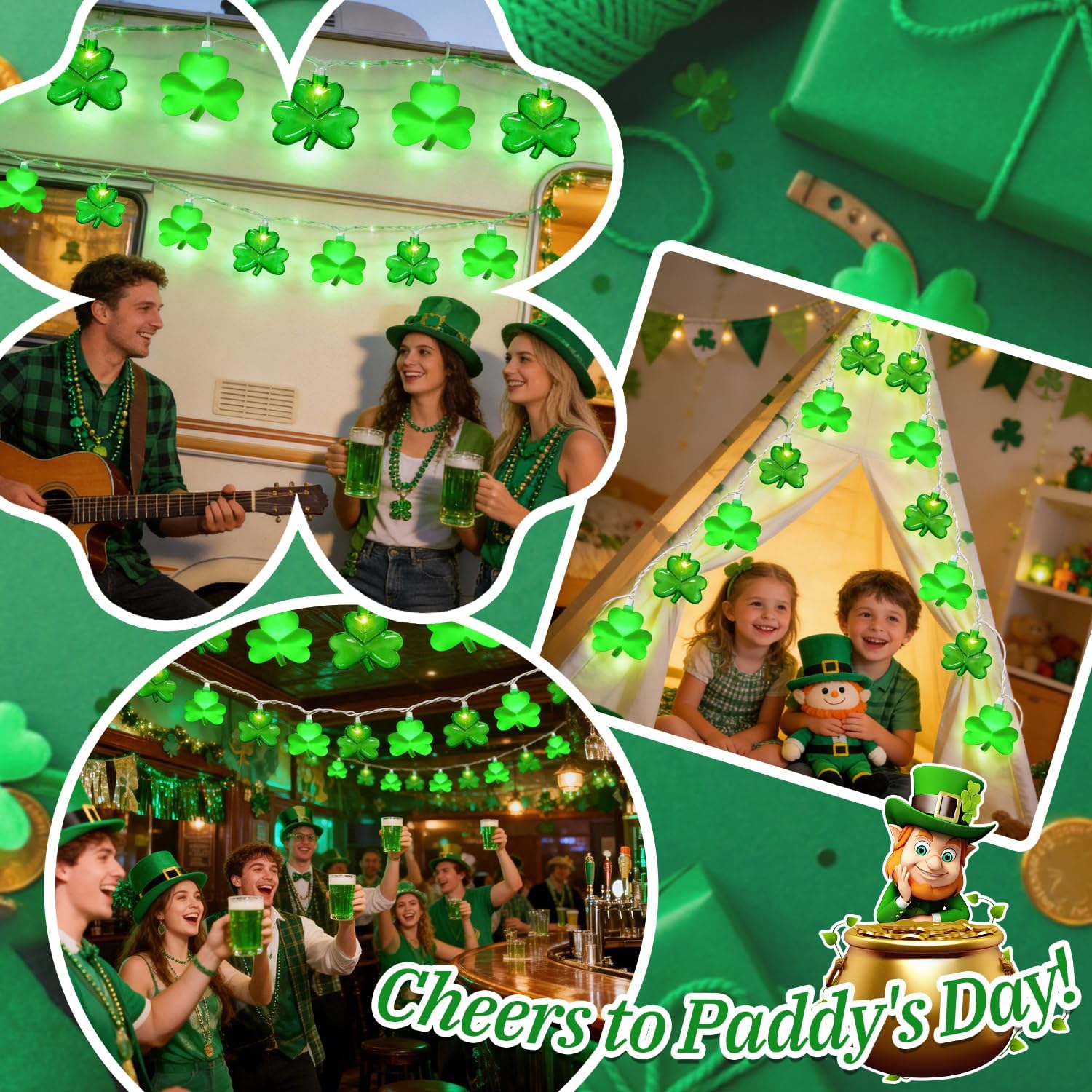 8.5Ft LED St Patricks Day Lights Shamrock Lights Plug in Lucky Shamrock String Lights Clover String Lights Outdoor Waterproof for St. Patrick's Day Decorations for Bedroom Home Garden Party, 0.48W - Image 8