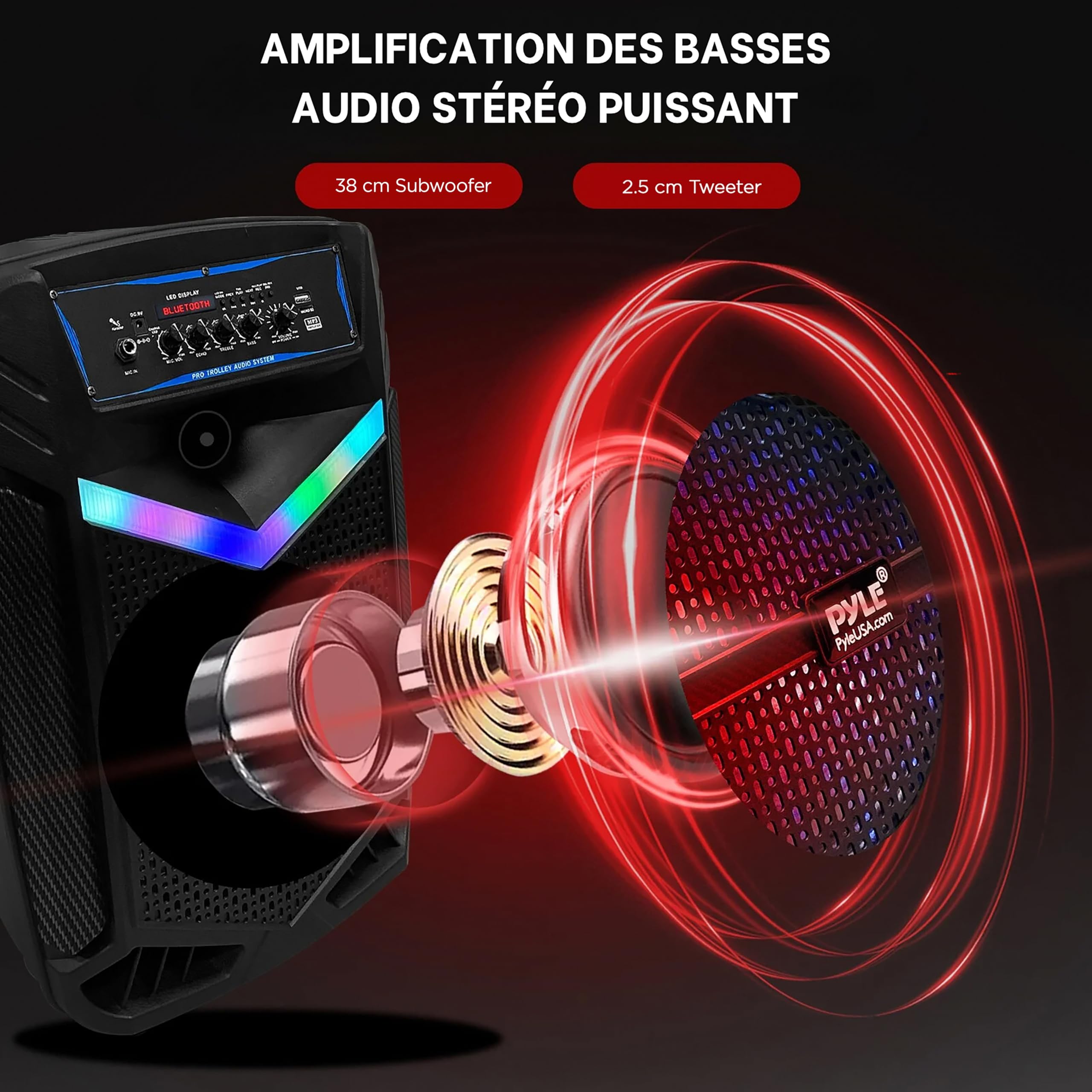 Pyle Enceinte Sono Bluetooth Portable – 1200W, Batterie, Noir Subwoofer et Tweeter LED Éclairage Micro Filaire SD,USB,AUX Radio FM Enregistrement et Roues