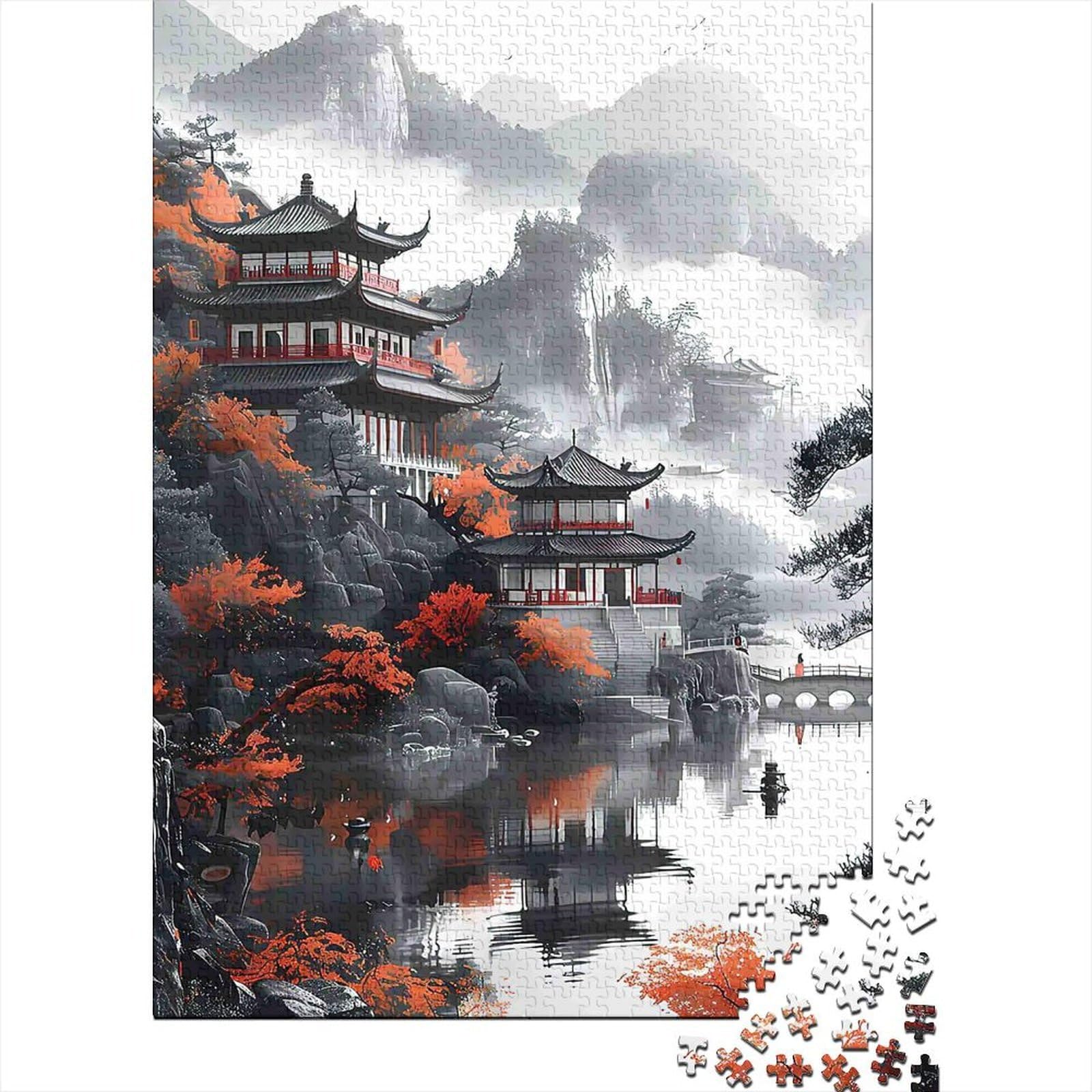 3D Printed Chinese Landscape Fitted Sheet Microfiber Soft Autumn Pagoda Mattress Cover for Bedroom Decor 90x200x25cm