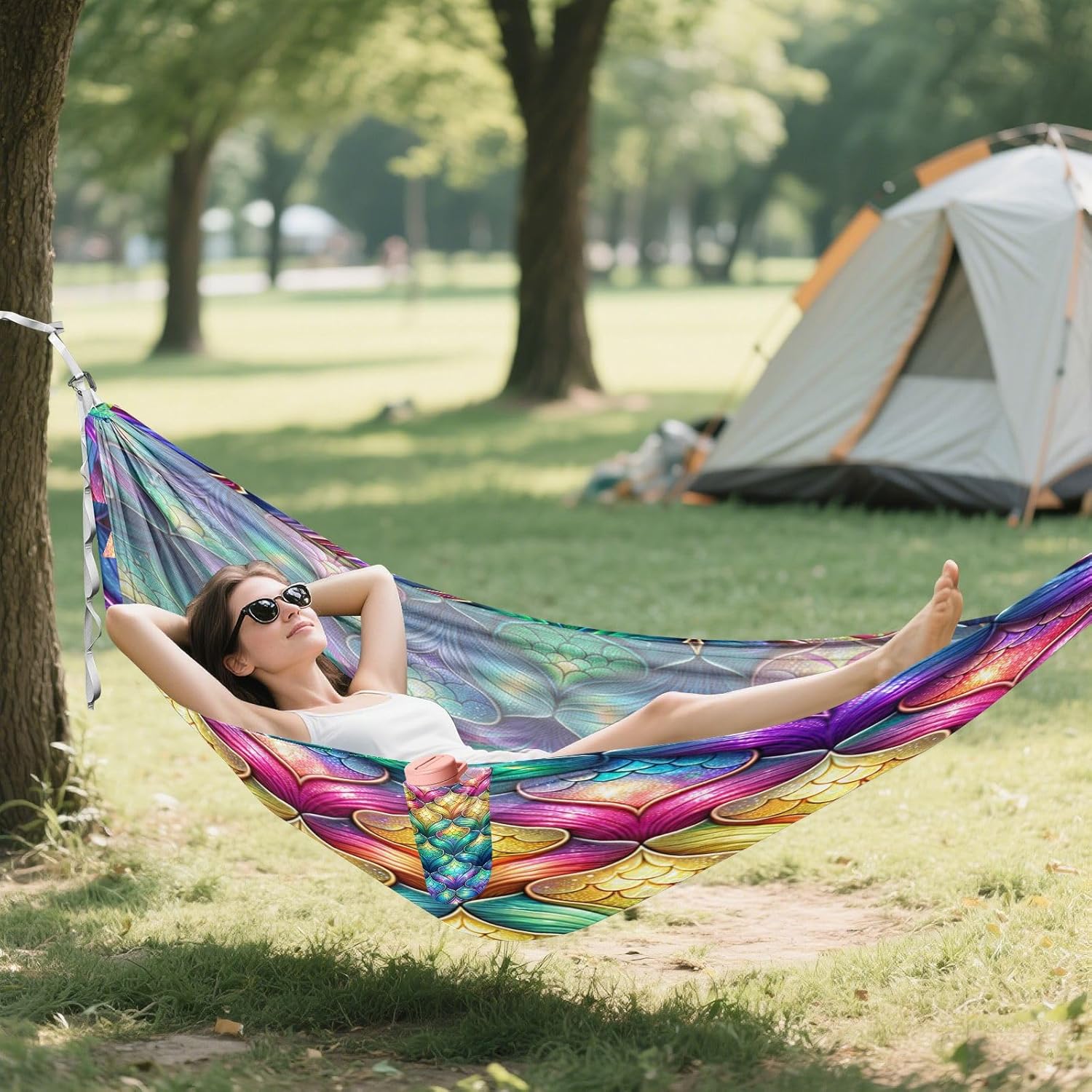 ALAZA Rainbow Mermaid Scale Colorful Camping Hammocks Single or 2 Person 500 lbs Portable Parachute Travel Hammock w/Tree Straps for Hiking Backpacking Indoor Outdoor