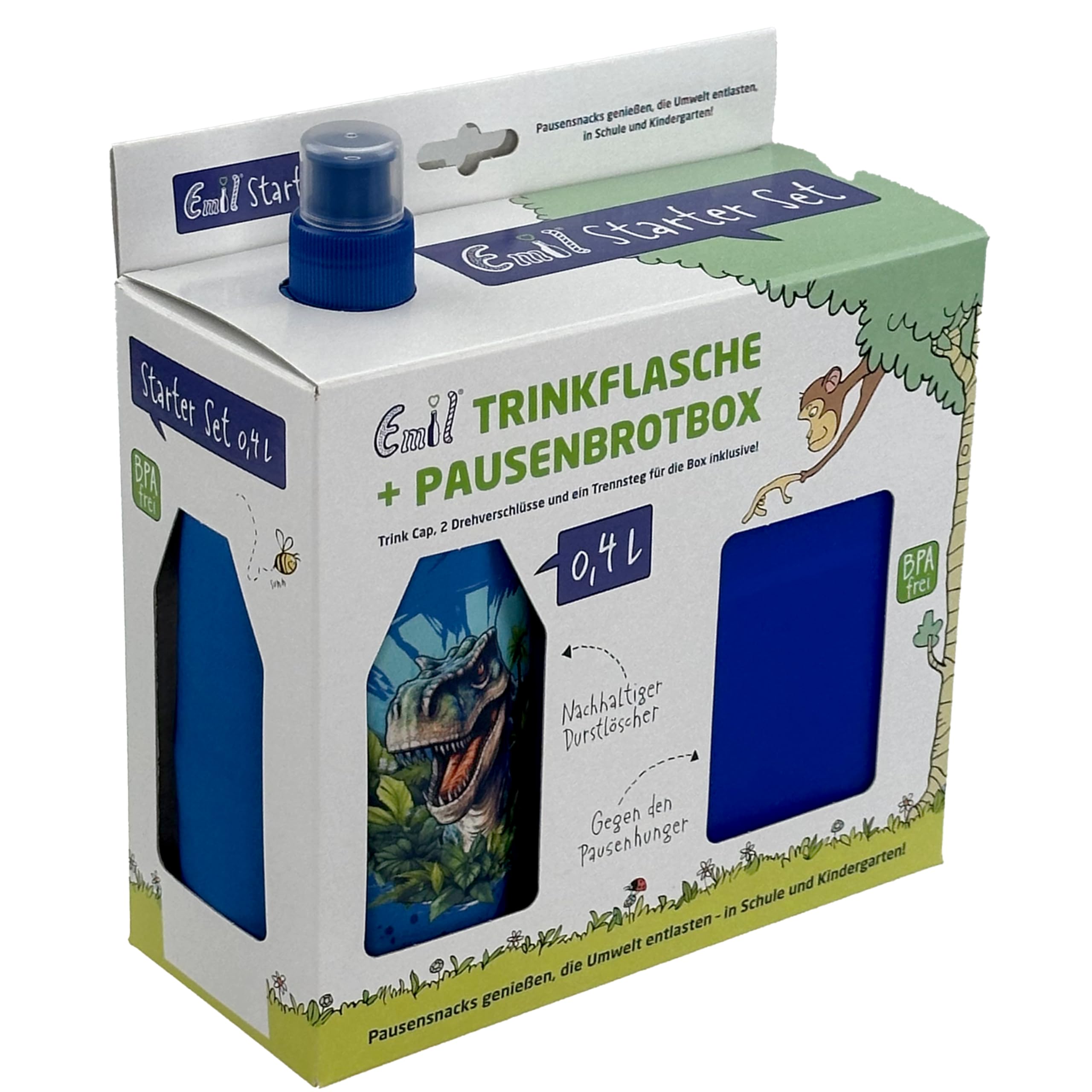 Emil Glas Trinkflasche Starterset 0,4l Dino – mit Brotbox & 3 Verschlüsse, isolierte Kinderflasche für Kita, Kindergarten & Schulstart, schadstofffrei