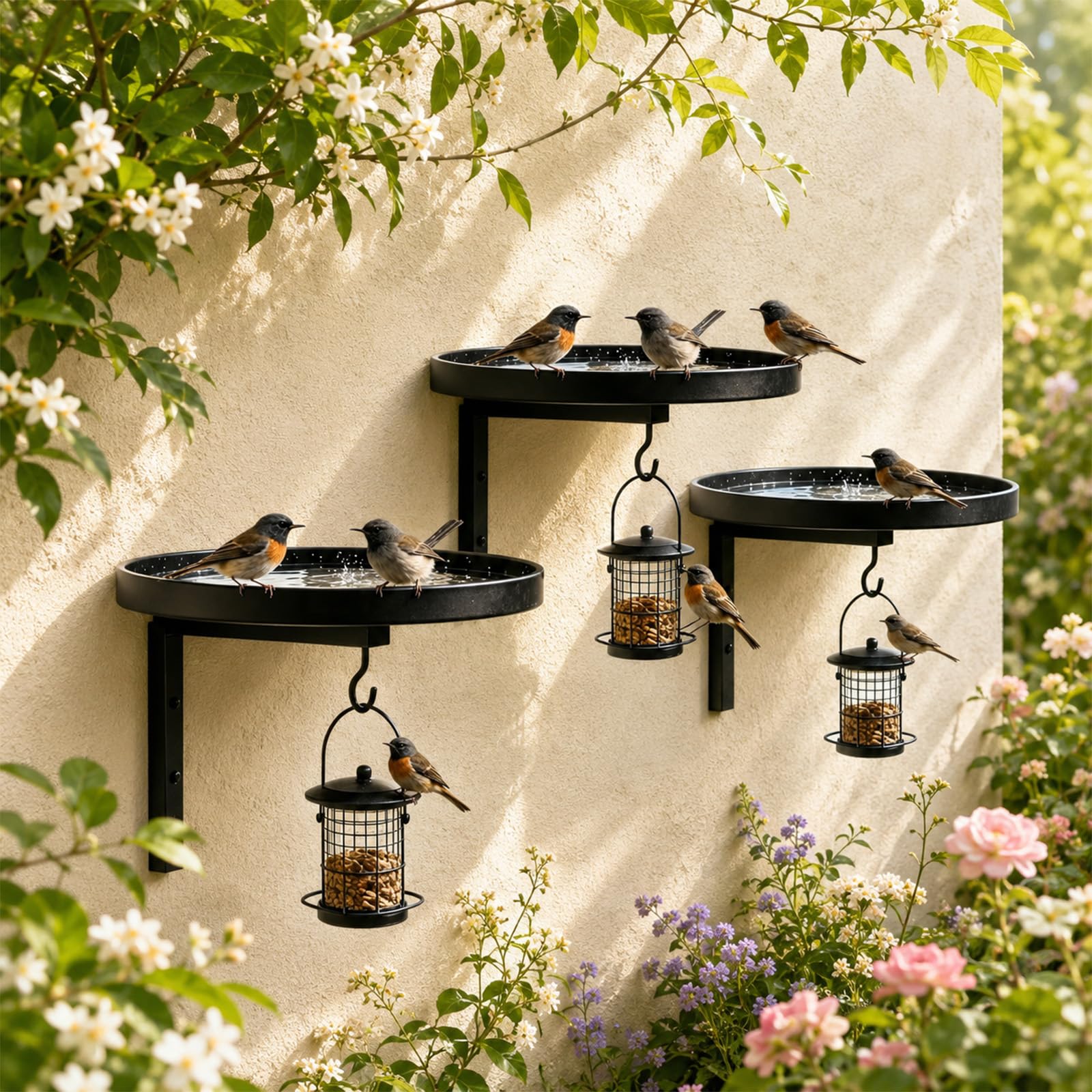 Wall Mounted Bird Bath For Garden, 2 In 1 Metal Fence Mounted Bird Bath, Sturdy Fence Bird Feeders Hanging Station For Fence Balcony Patio Deck Outdoor Decor