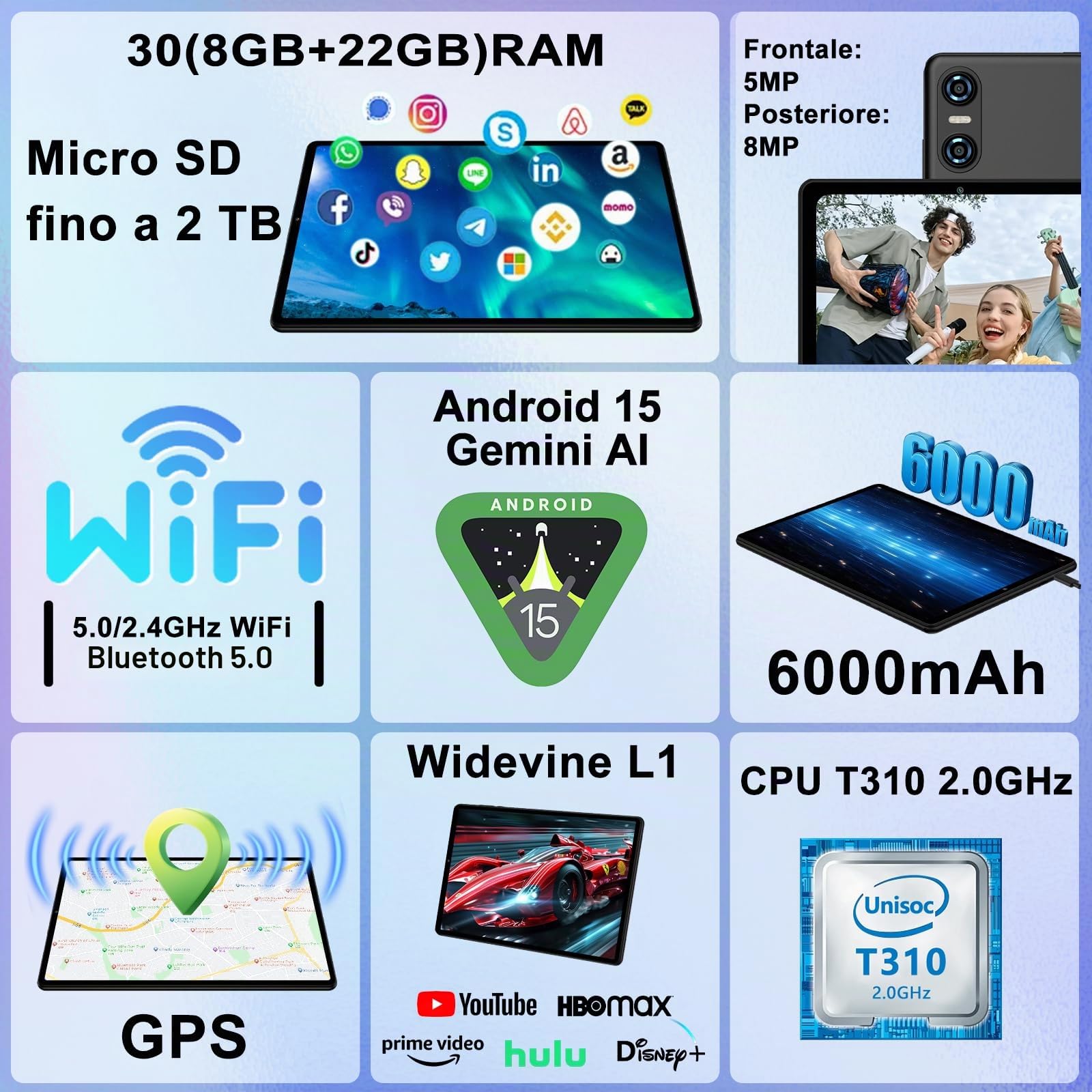 Tablet 10 Pollici Android 15 con Gemini AI, 30GB RAM + Espandibile 2TB ROM, Octa-Core, Widevine L1, WiFi 5G, BT5.0, Fotocamere 8MP/5MP, 6000mAh, con Tastiera, Mouse e Custodia – Nero