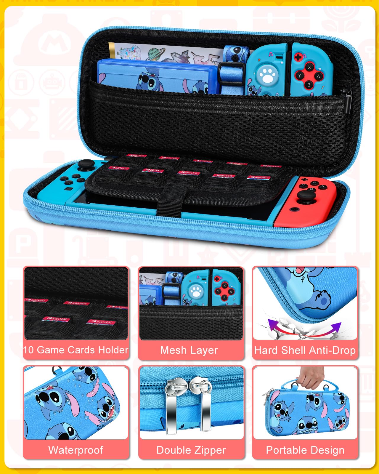 Koecya for Nintendo Switch 9 in 1 Storage Accessories Kit with Travel Carrying Case+Switch Protective Cover+Game Case Holder+Strap+Sticker+2 Joycon Shells+2 Thumb Caps Cute for Boys Kids Girls -Stit