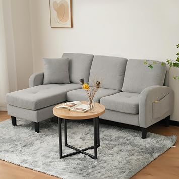 Miyemo L-shaped Corner Sofa with Chaise Lounge, 3-Seater Sofa, Breathable Cotton-Linen Fabric, Plastic Legs, Ideal for Living Rooms, Apartments, and Offices Grey