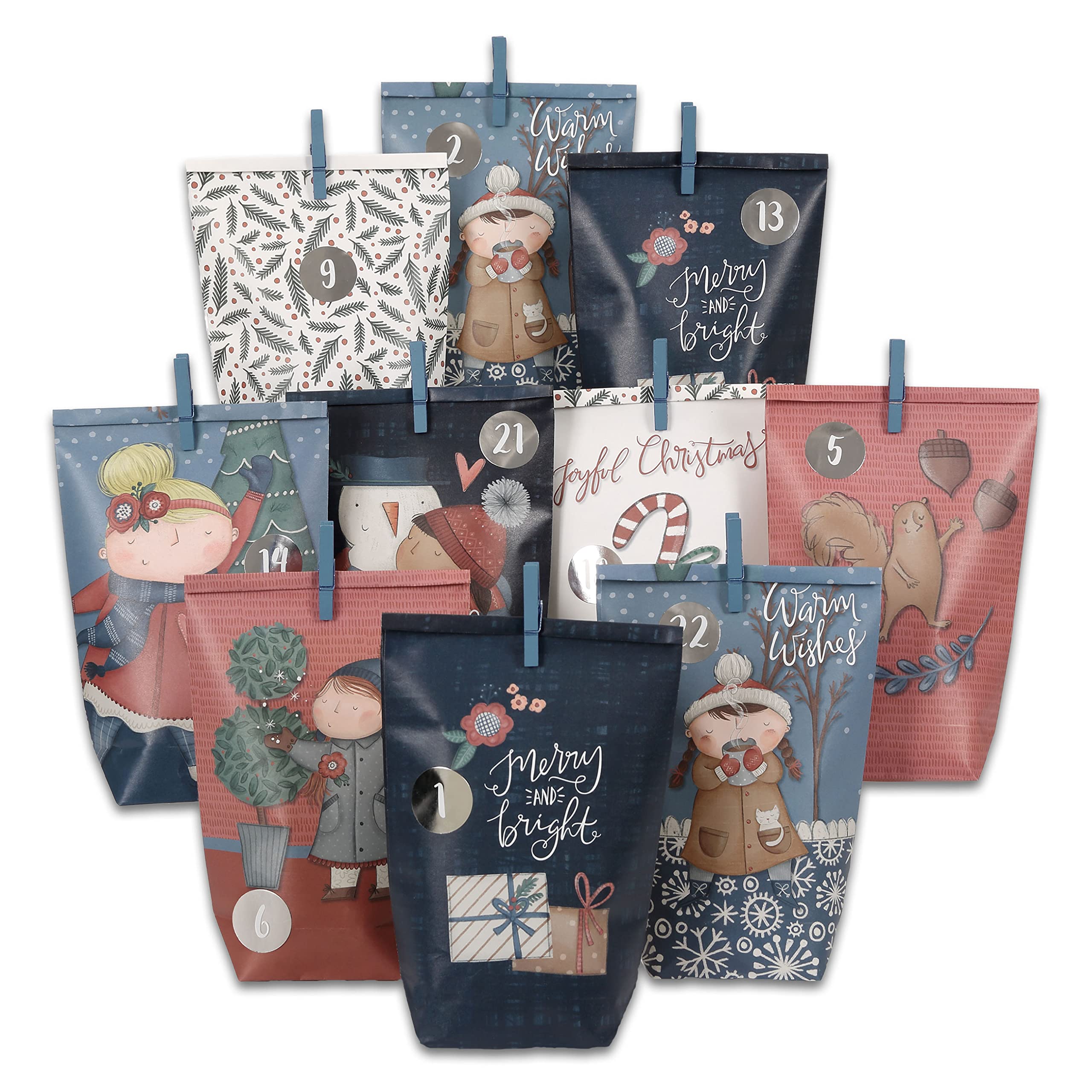 PapierdrachenAdvent Calendar for Filling - 24 Blue and Pink Printed Gift Bags and 24 Number Stickers and Clips - Dark Blue Motif - for Crafts and Gifts - Christmas