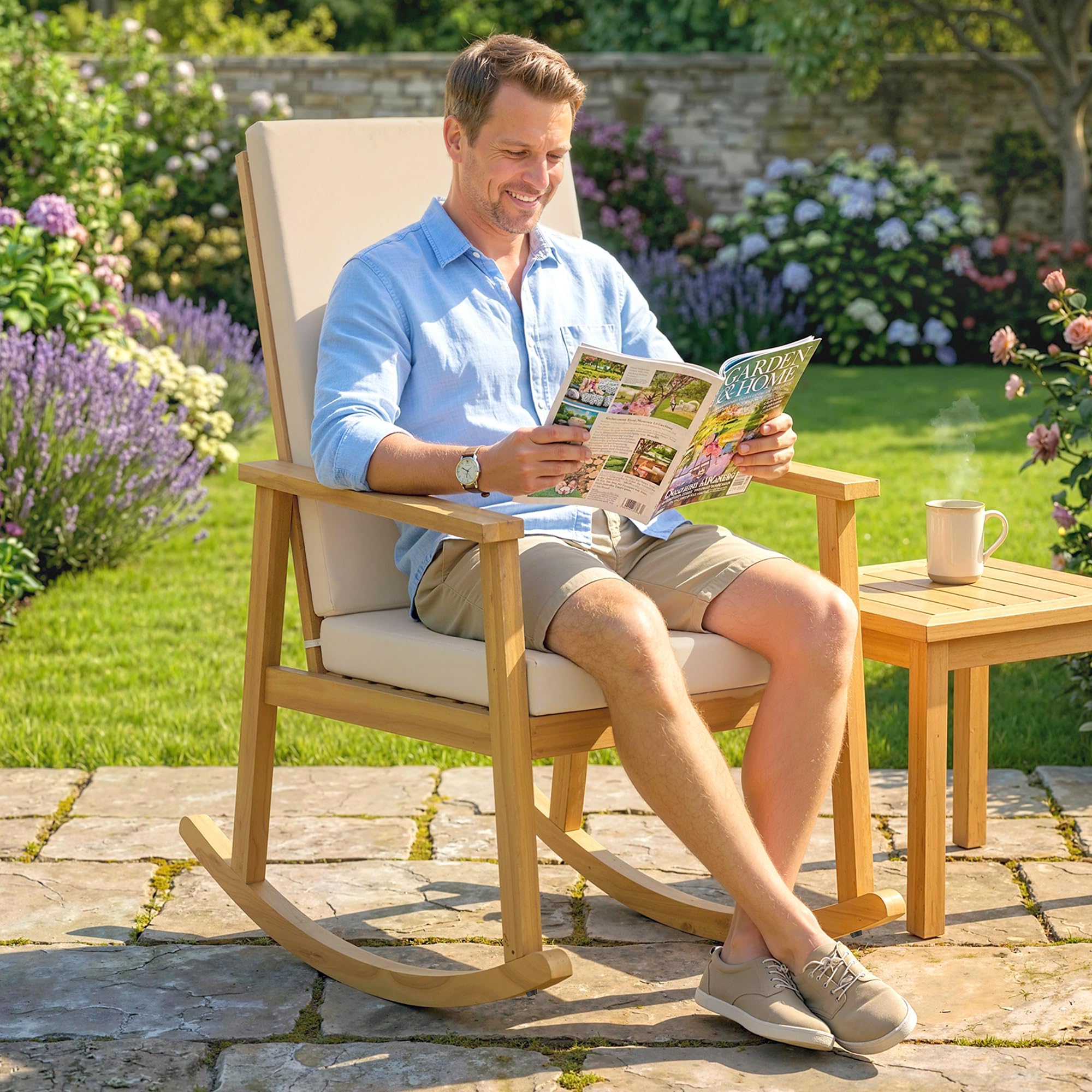 Outsunny Schaukelstuhl aus Akazienholz Schaukelsessel mit hoher Rückenlehne Kissen, Gartenstuhl bis 160 kg Outdoor Relaxstuhl Schwingsessel für Garten Balkon Hof Terrasse 60 x 89 x 107 cm Beige
