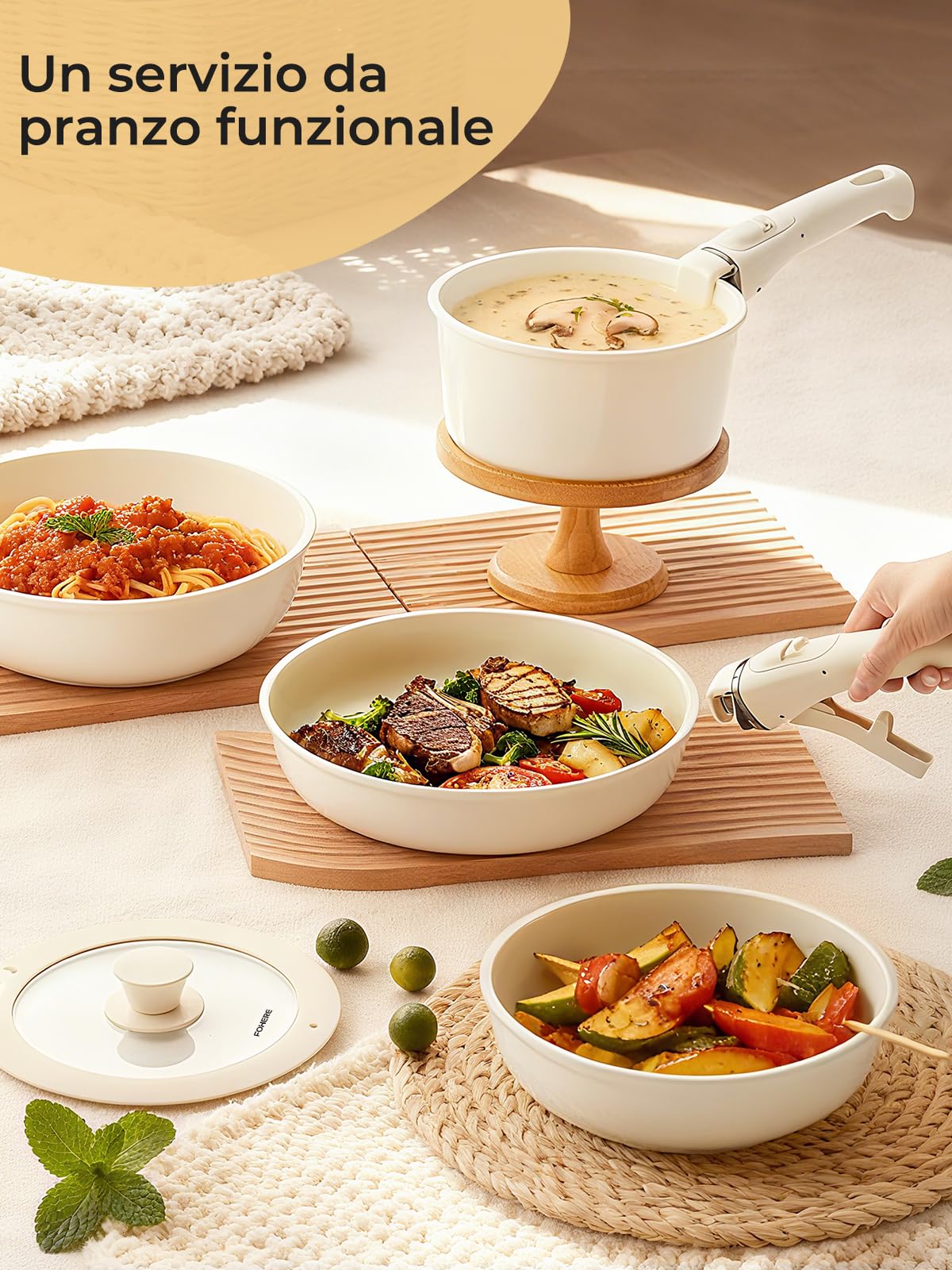 Set Di Pentole 17 Pezzi Con Manici Rimovibili, Padelle Ceramica Non Tossiche, Pentole Antiaderente, Impilabile Per Tutti I Piani Cottura, Adatto Al Forno, Impilabile E Lavabile In Lavastoviglie