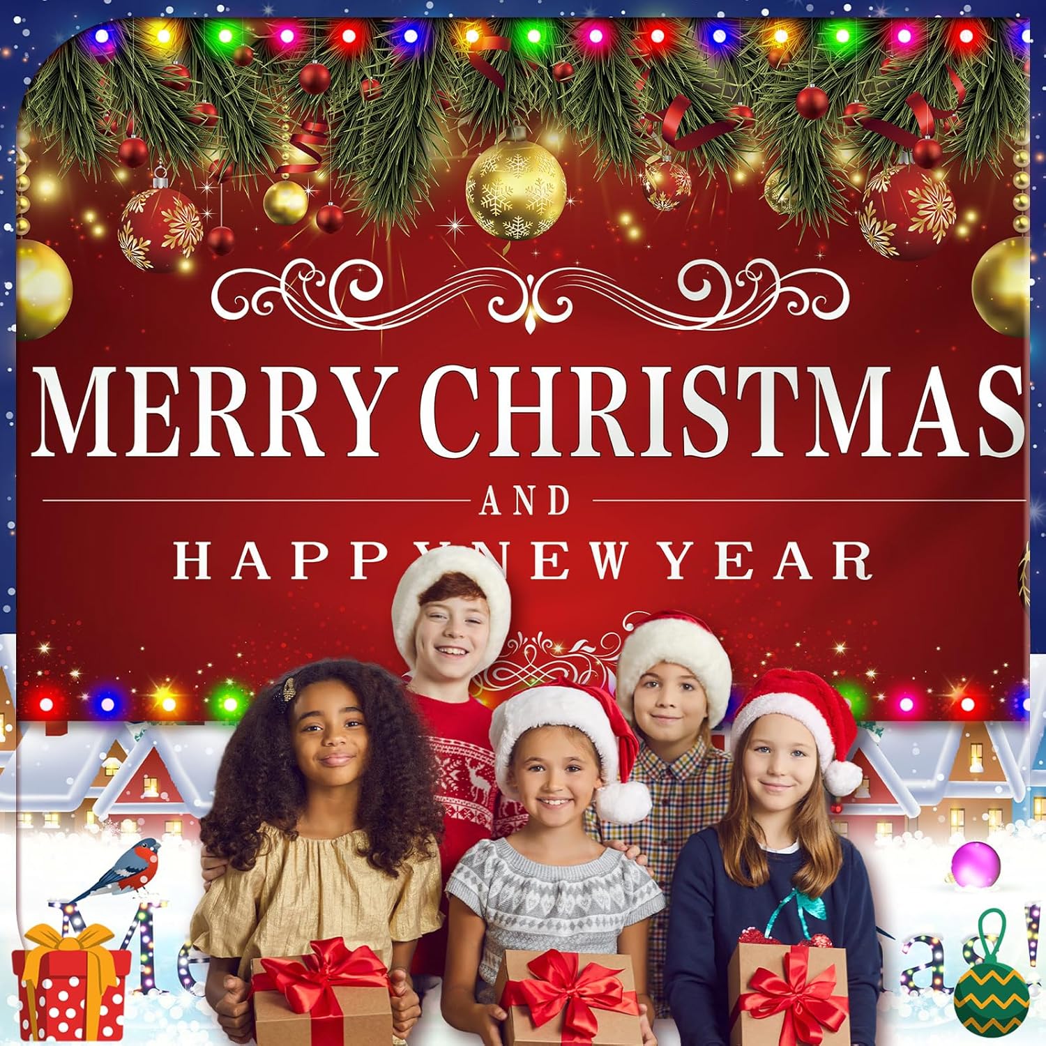 VitalCozy Christmas Garage Door Cover with LED String Light 6x13ft Red Large Xmas Garage Door Banner Backdrop Decoration Outdoor Lighted Merry Christmas Happy New Year Holiday Party Mural Cover Decor
