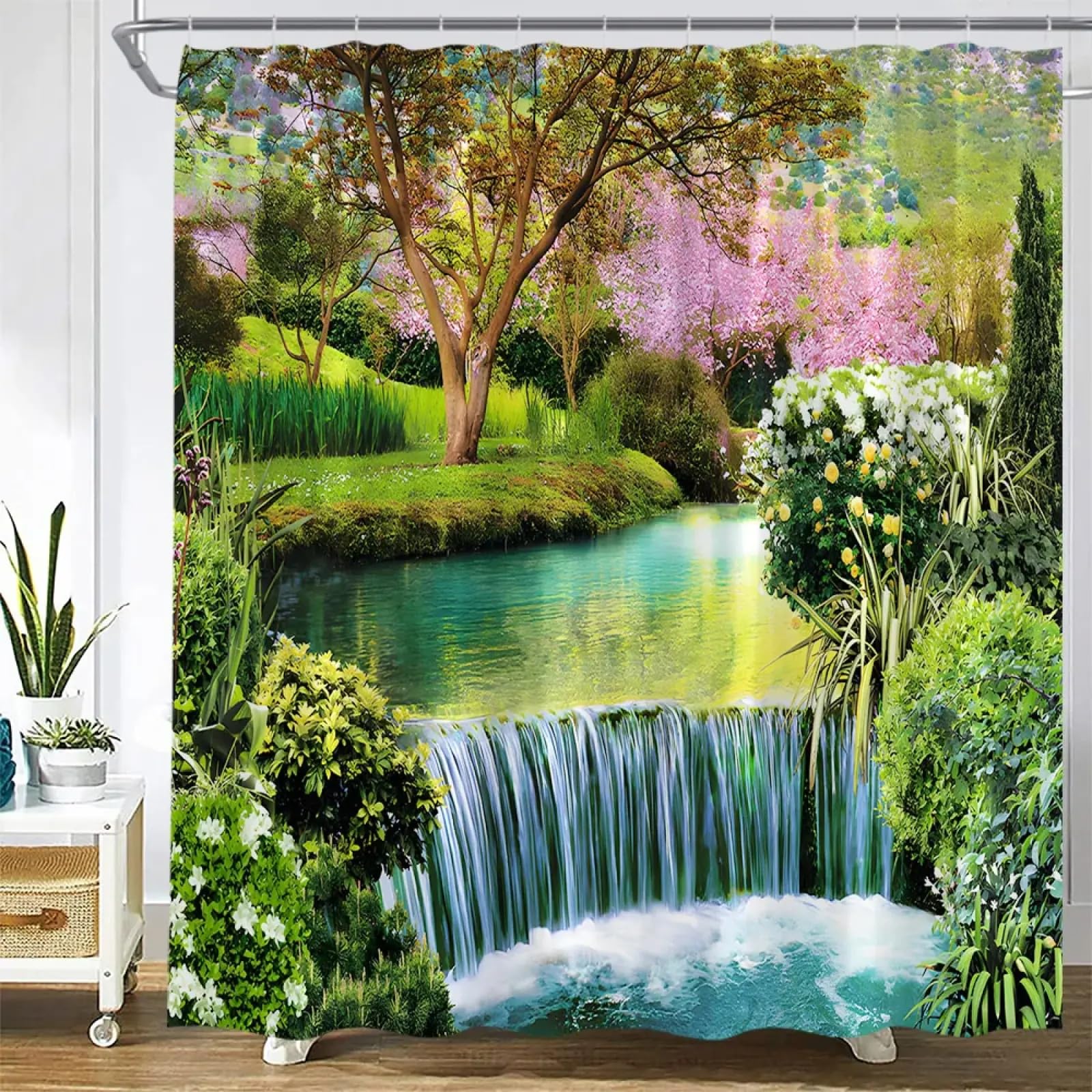 Rideau de douche cascade et forêt tropicale décor de salle de bain 130x140cm avec crochets